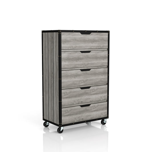 Right angled industrial vintage gray oak and black five-drawer mobile chest dresser on a white background