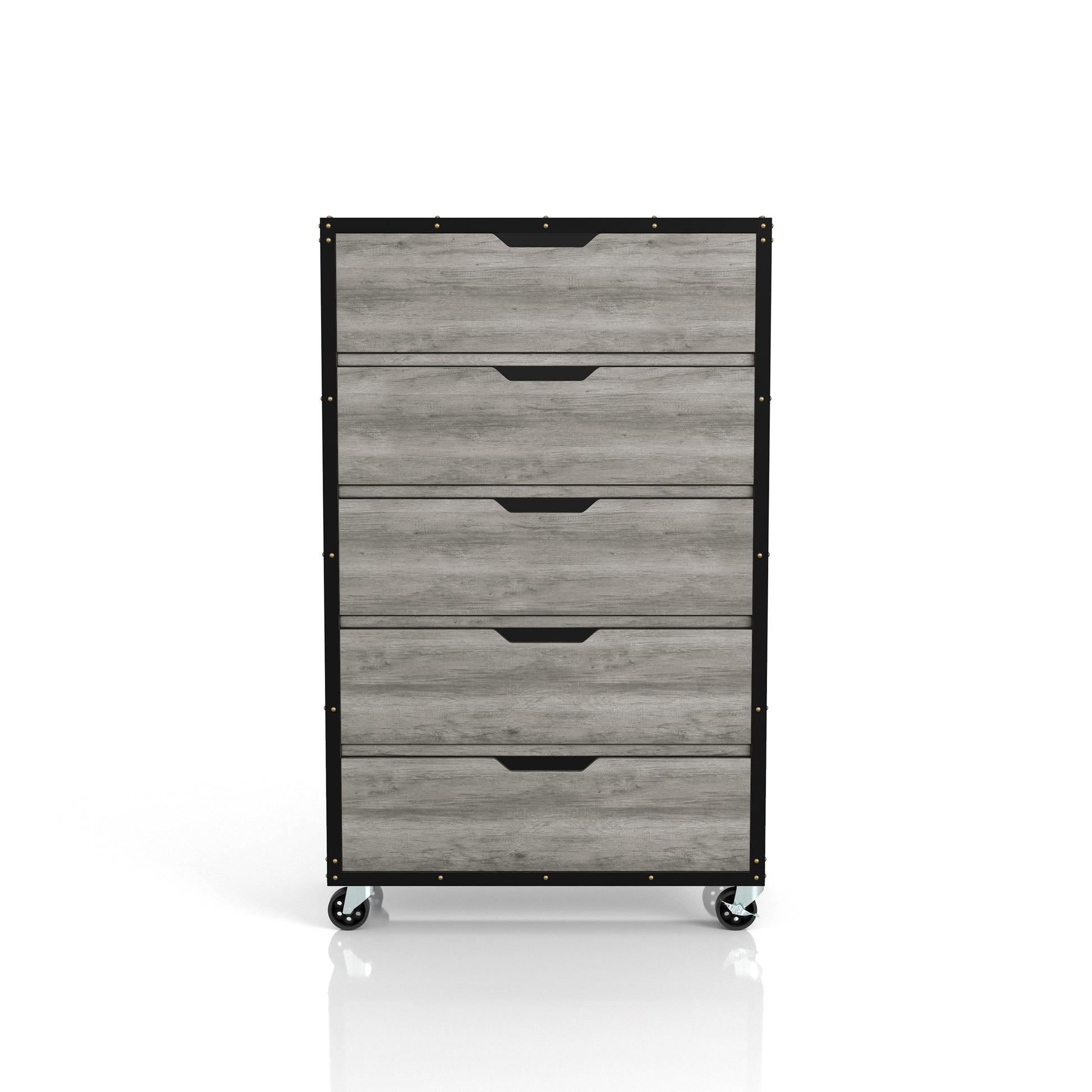 Front-facing industrial vintage gray oak and black five-drawer mobile chest dresser on a white background