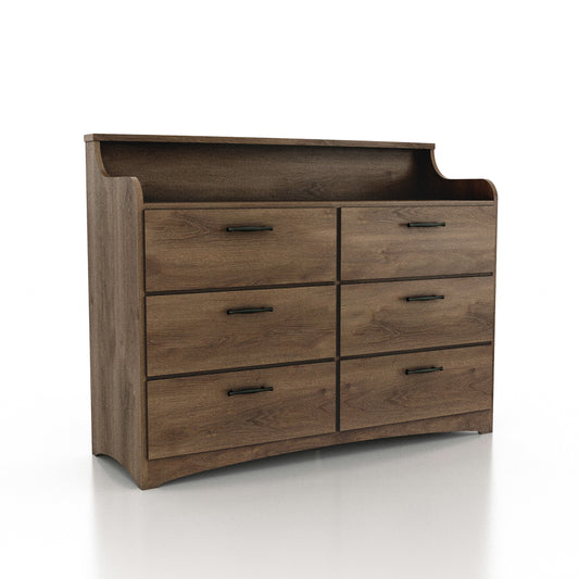 Right angled transitional distressed walnut six-drawer double dresser with a tiered top on a white background