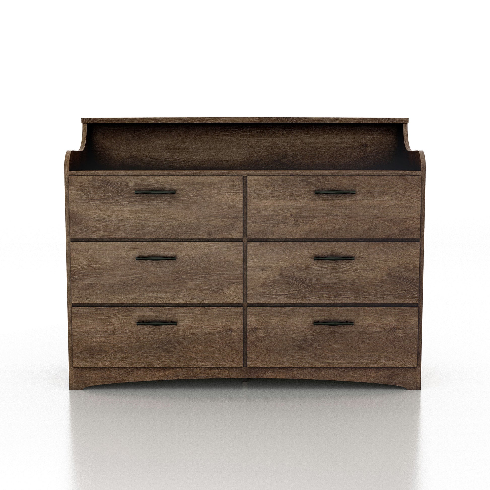 Front-facing transitional distressed walnut six-drawer double dresser with a tiered top on a white background