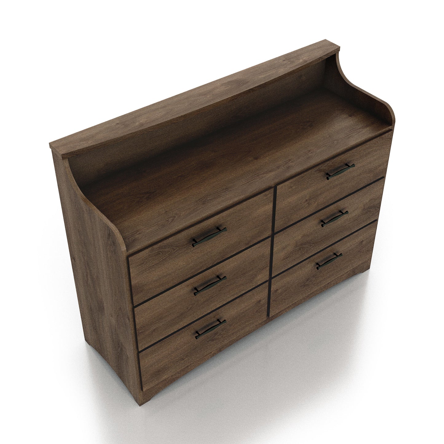 Right angled bird's eye view of a transitional distressed walnut six-drawer double dresser with a tiered top on a white background