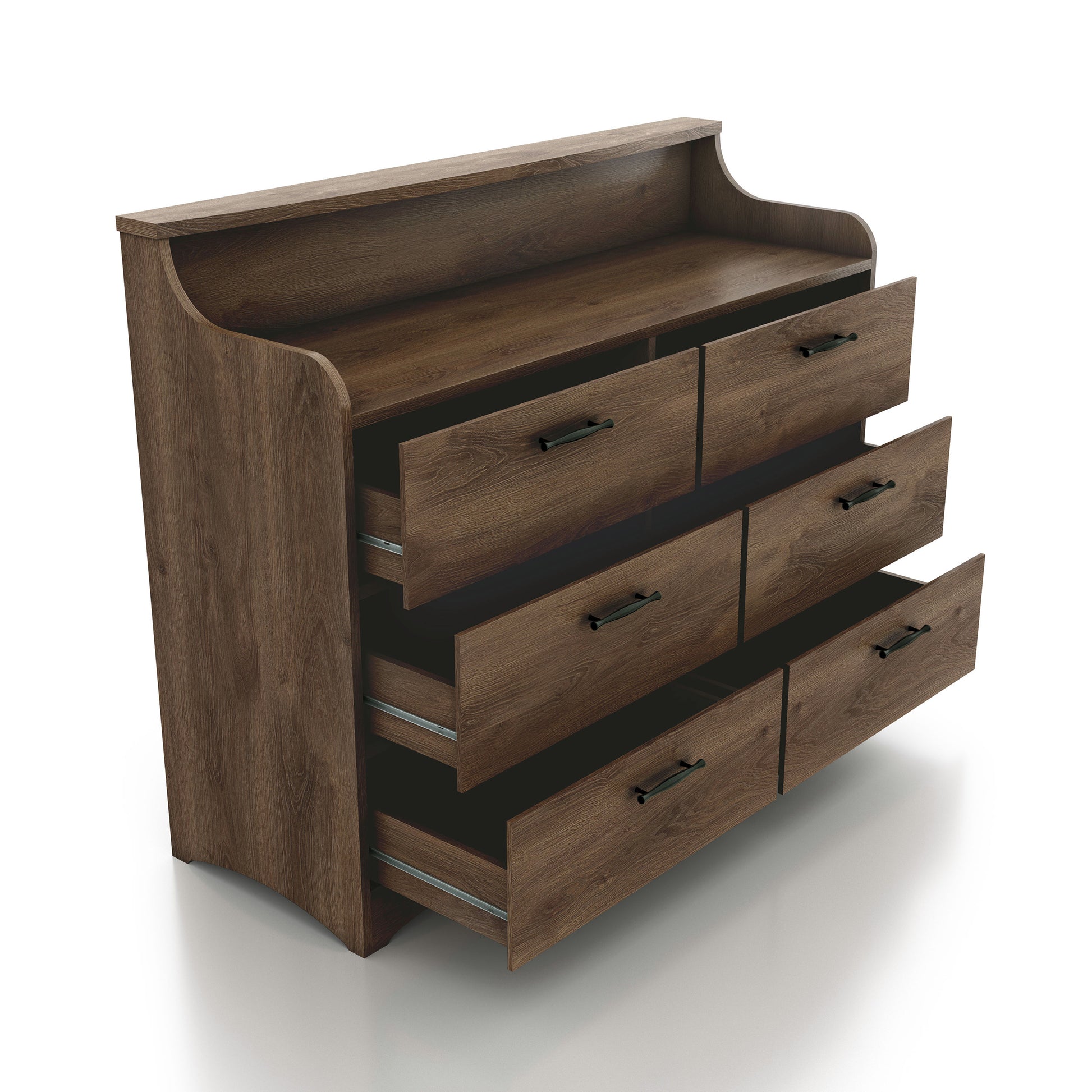 Right angled transitional distressed walnut six-drawer double dresser with a tiered top and drawers open on a white background