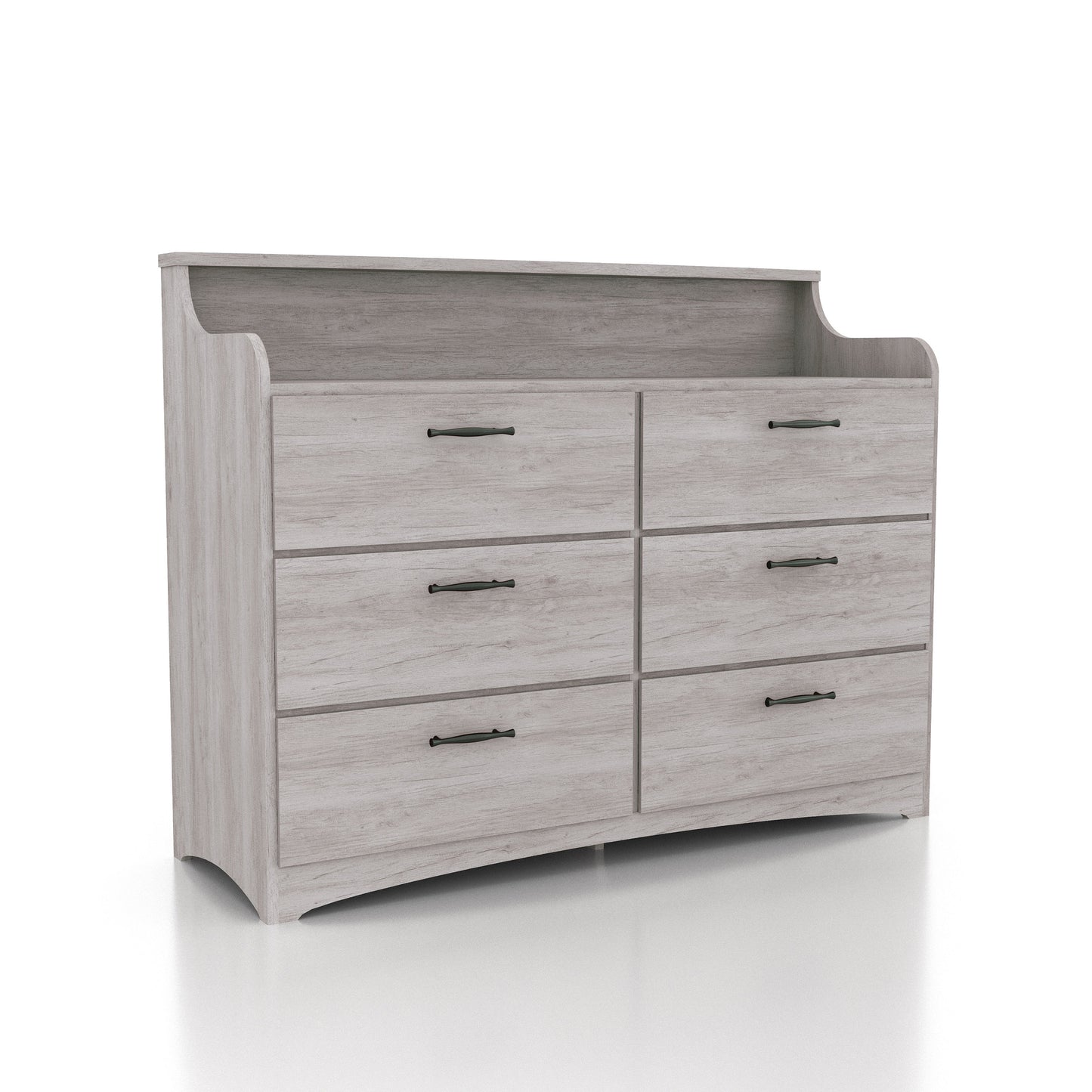 Right angled transitional coastal white six-drawer double dresser with a tiered top on a white background