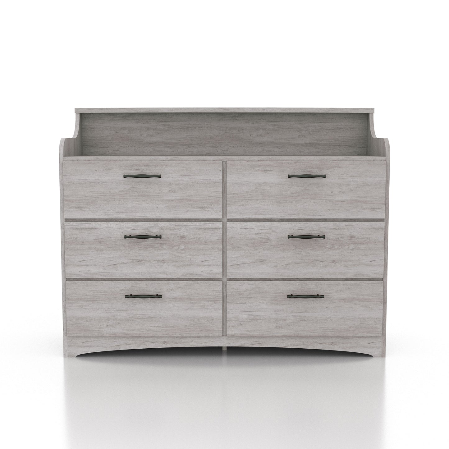 Front-facing transitional coastal white six-drawer double dresser with a tiered top on a white background