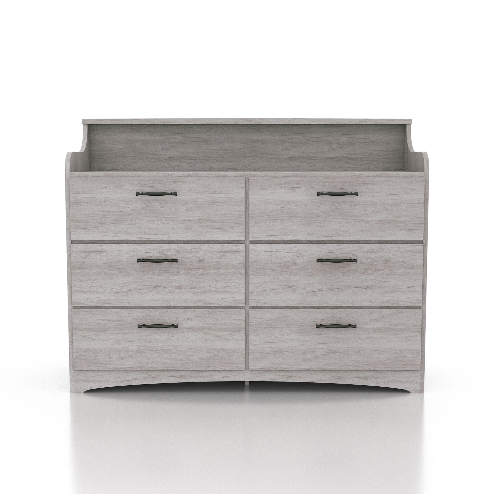 Front-facing transitional coastal white six-drawer double dresser with a tiered top on a white background