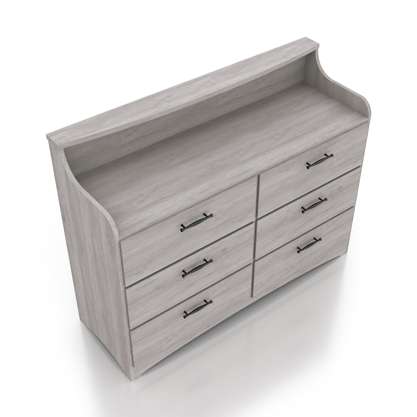 Right angled bird's eye view of a transitional coastal white six-drawer double dresser with a tiered top on a white background