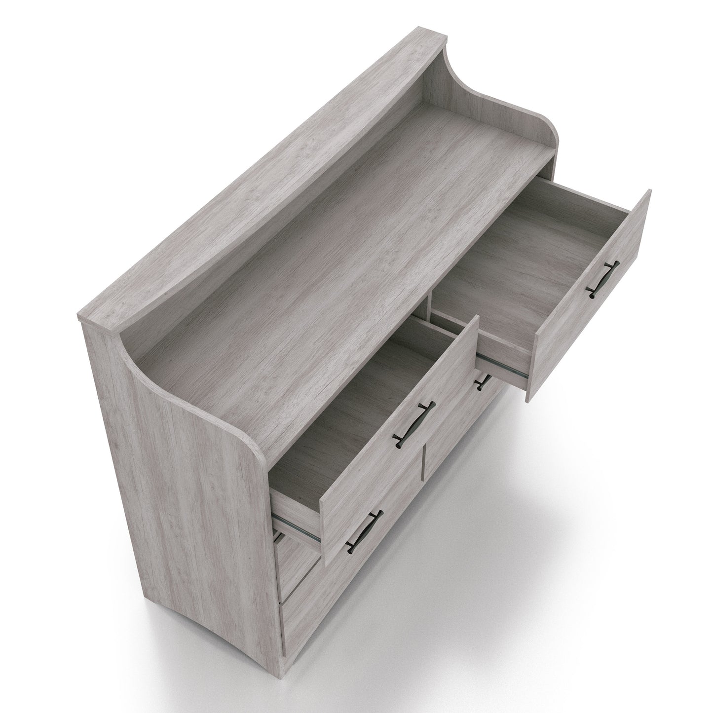 Right angled bird's eye view of a transitional coastal white six-drawer double dresser with a tiered top and top drawers open on a white background