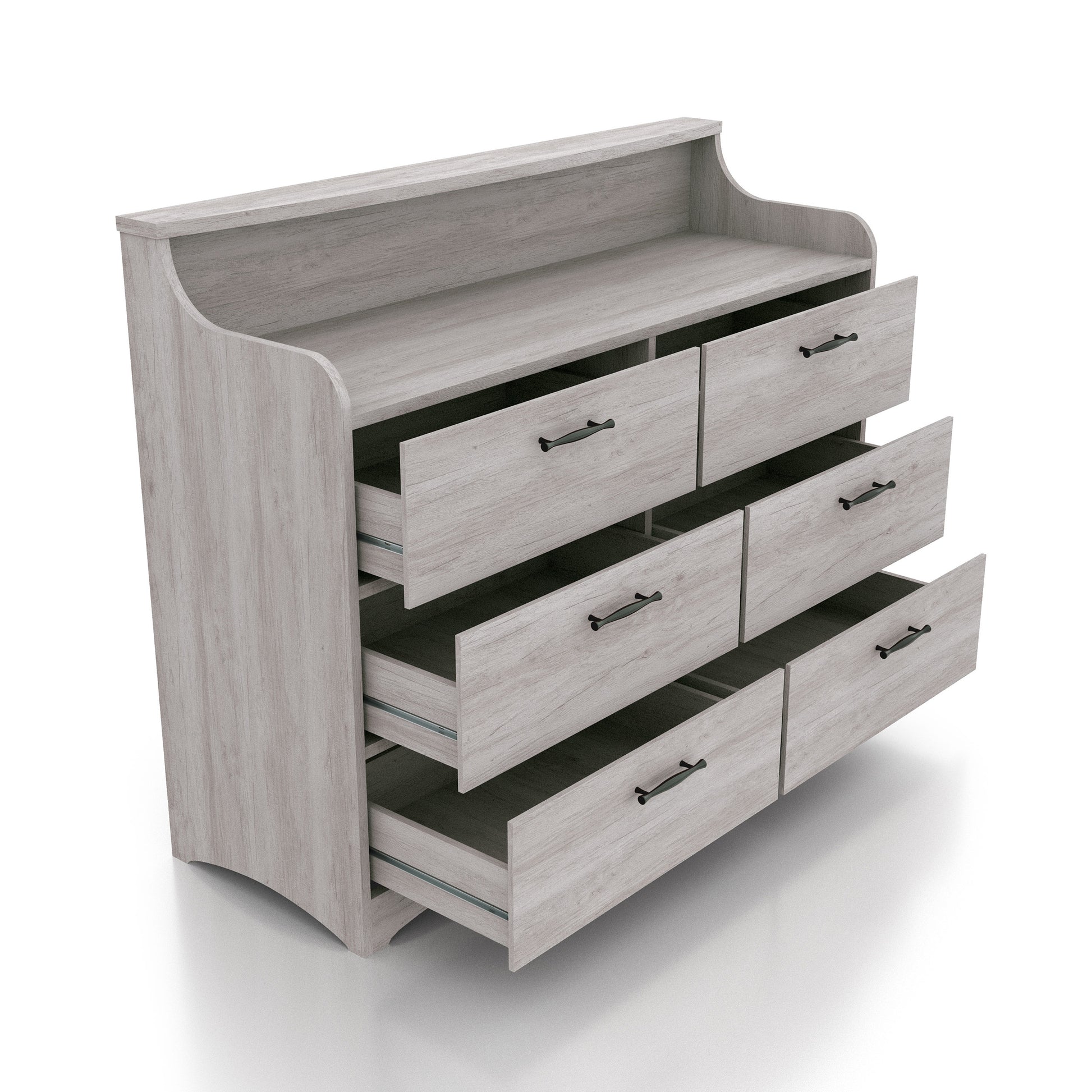 Right angled transitional coastal white six-drawer double dresser with a tiered top and drawers open on a white background