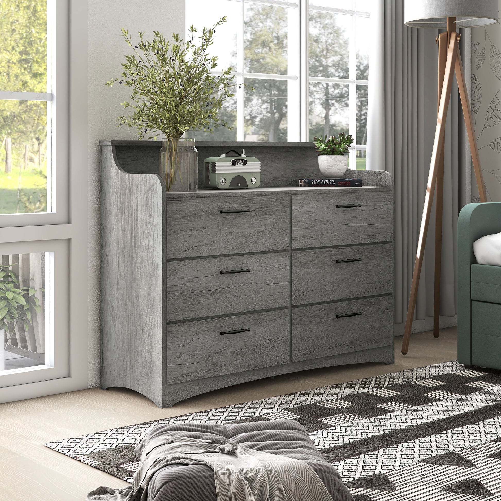 Right angled transitional vintage gray oak six-drawer double dresser with a tiered top on a white background