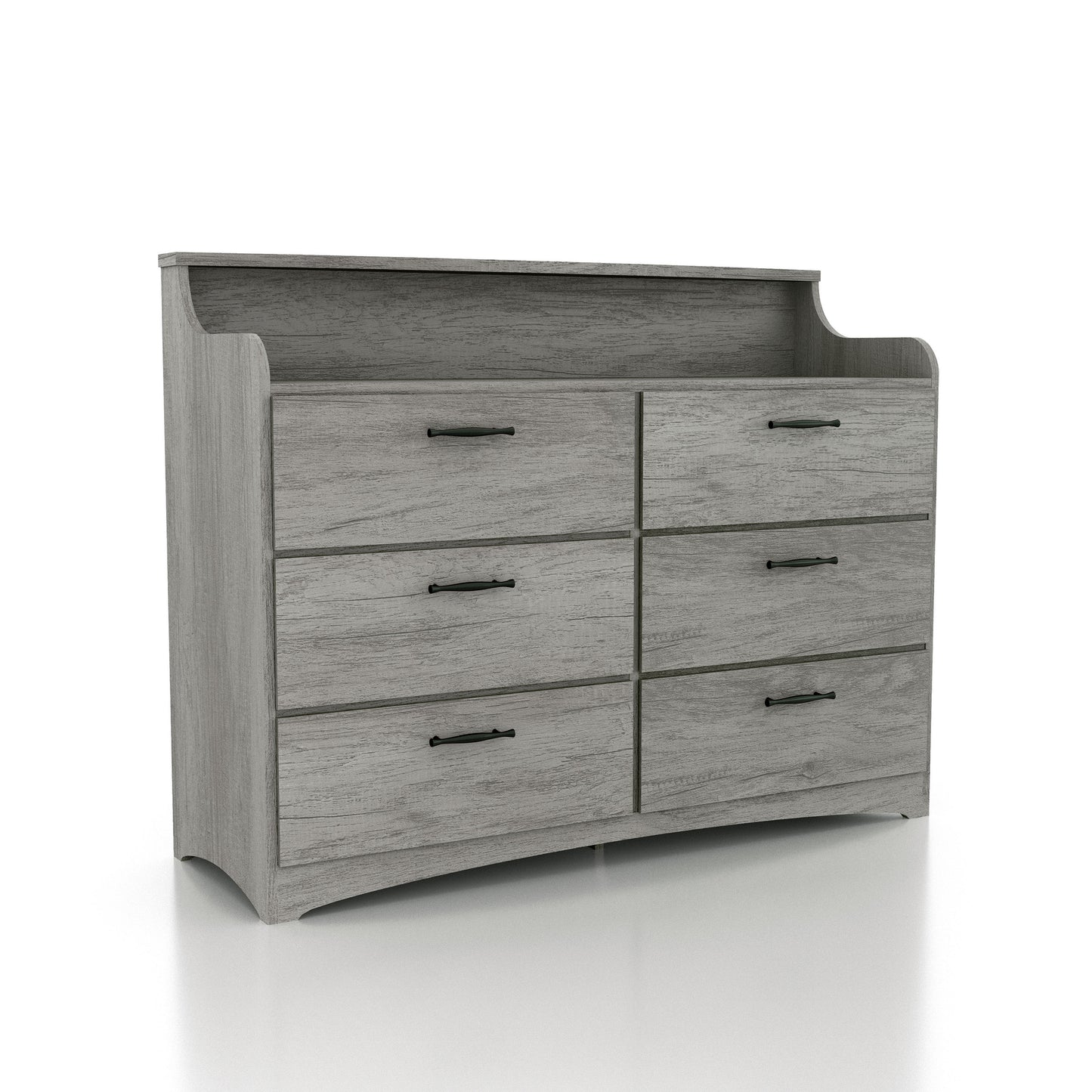 Right angled transitional vintage gray oak six-drawer double dresser with a tiered top on a white background