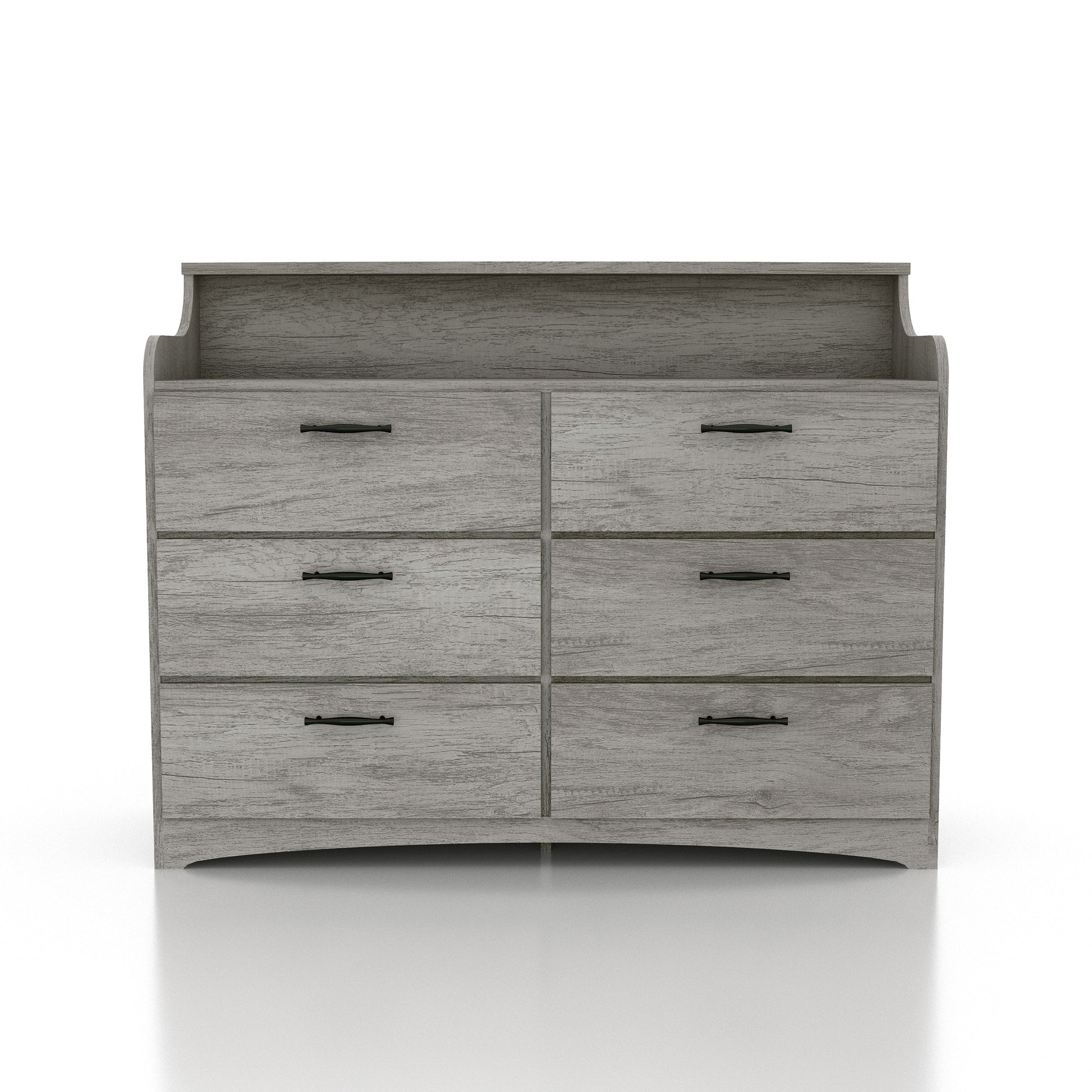 Front-facing transitional vintage gray oak six-drawer double dresser with a tiered top on a white background