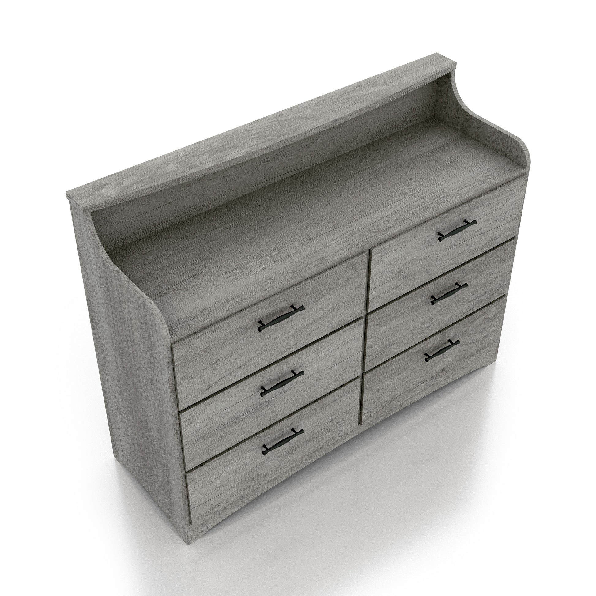 Right angled bird's eye view of a transitional vintage gray oak six-drawer double dresser with a tiered top on a white background