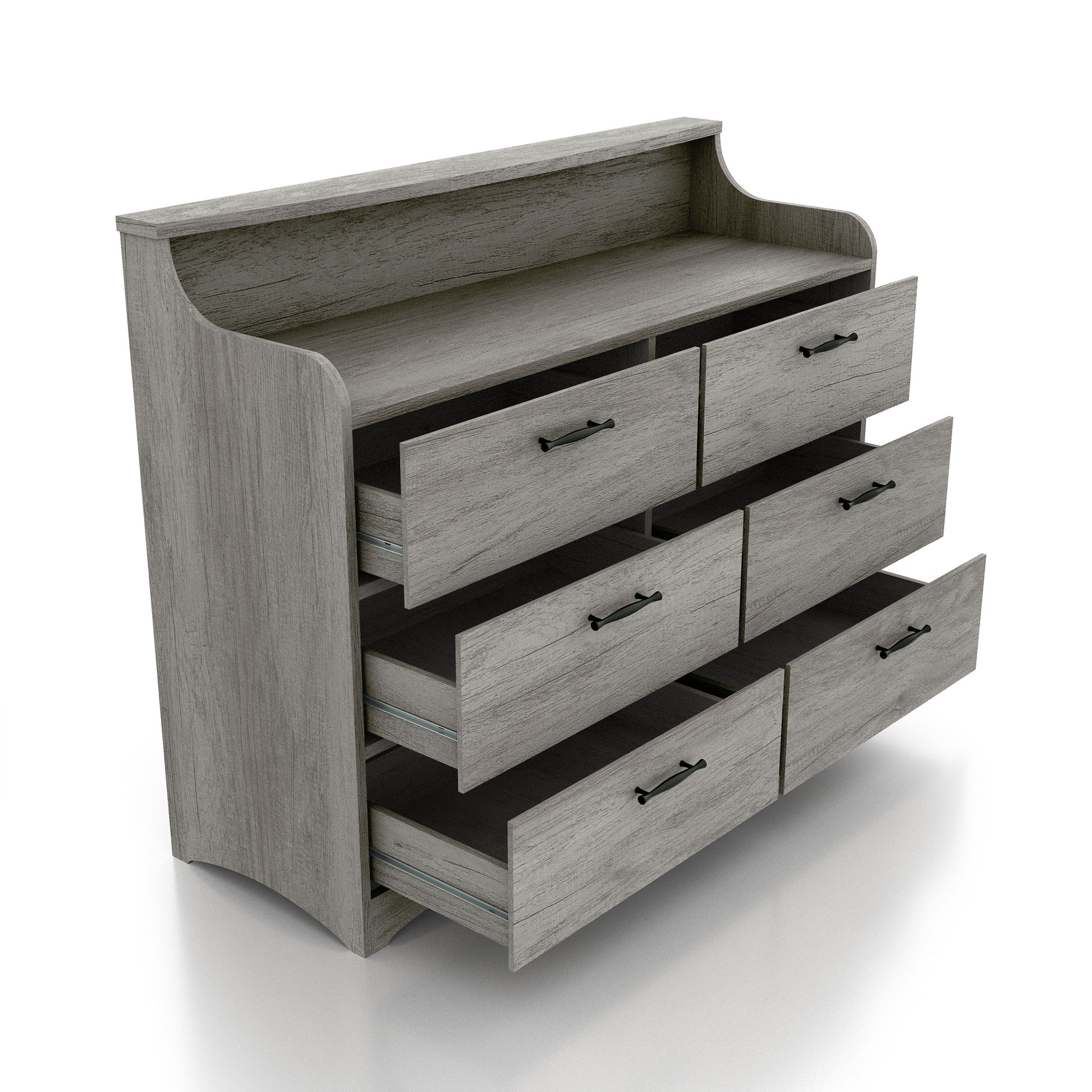 Right angled transitional vintage gray oak six-drawer double dresser with a tiered top and drawers open on a white background