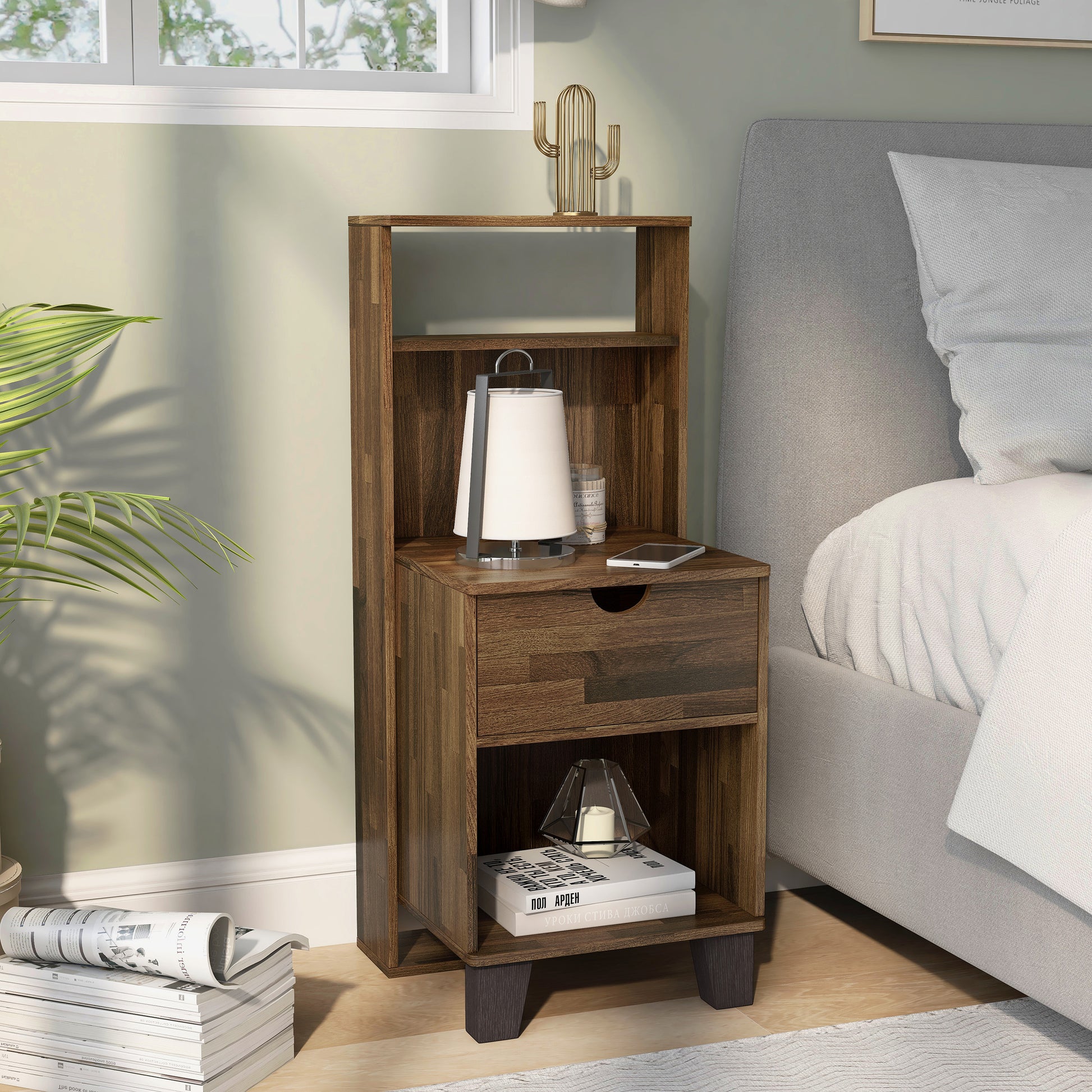 Right angled transitional light hickory three-shelf nightstand with one drawer in a bedroom with accessories