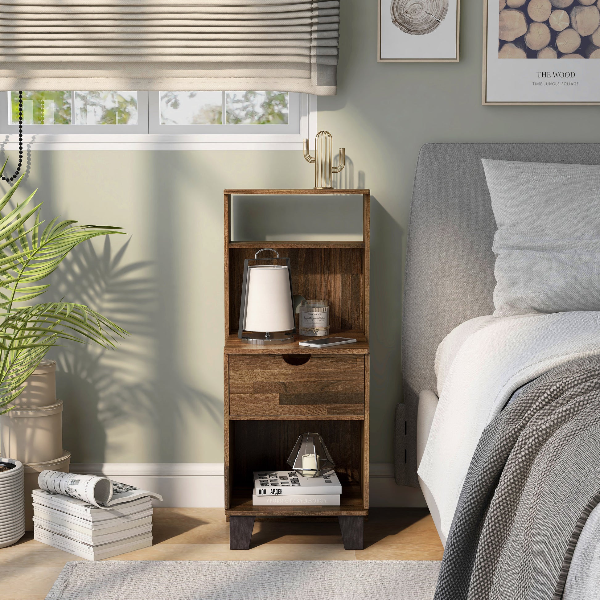 Front-facing transitional light hickory three-shelf nightstand with one drawer in a bedroom with accessories