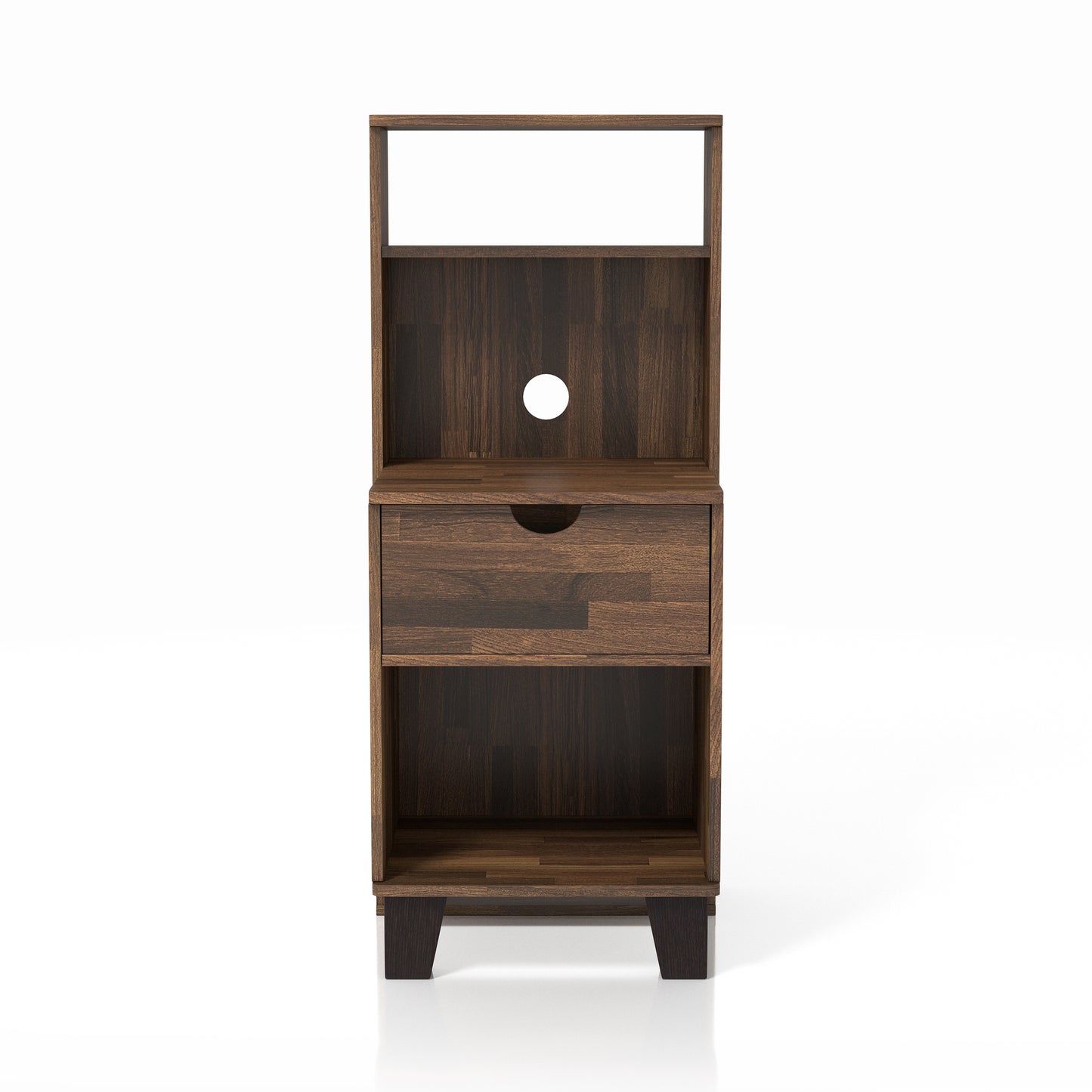 Front-facing transitional light hickory three-shelf nightstand with one drawer on a white background