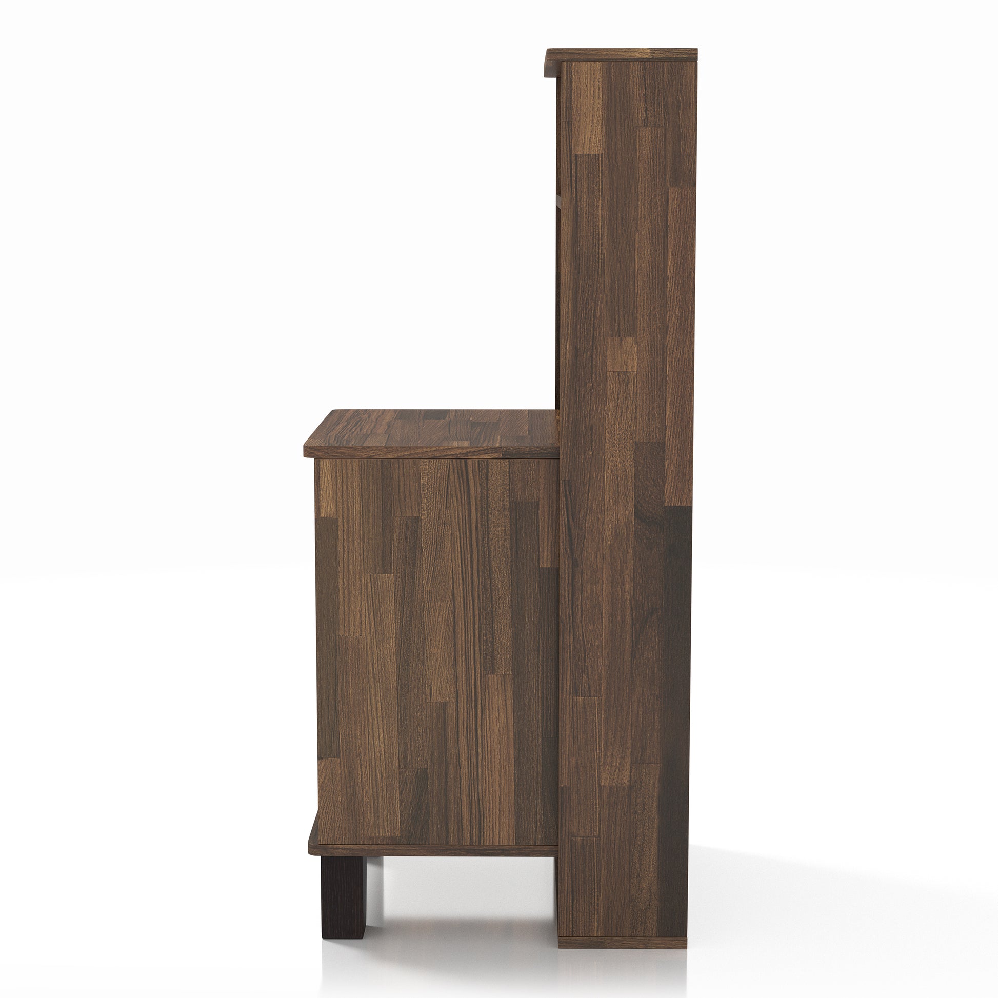 Front-facing side view of a transitional light hickory three-shelf nightstand with one drawer on a white background