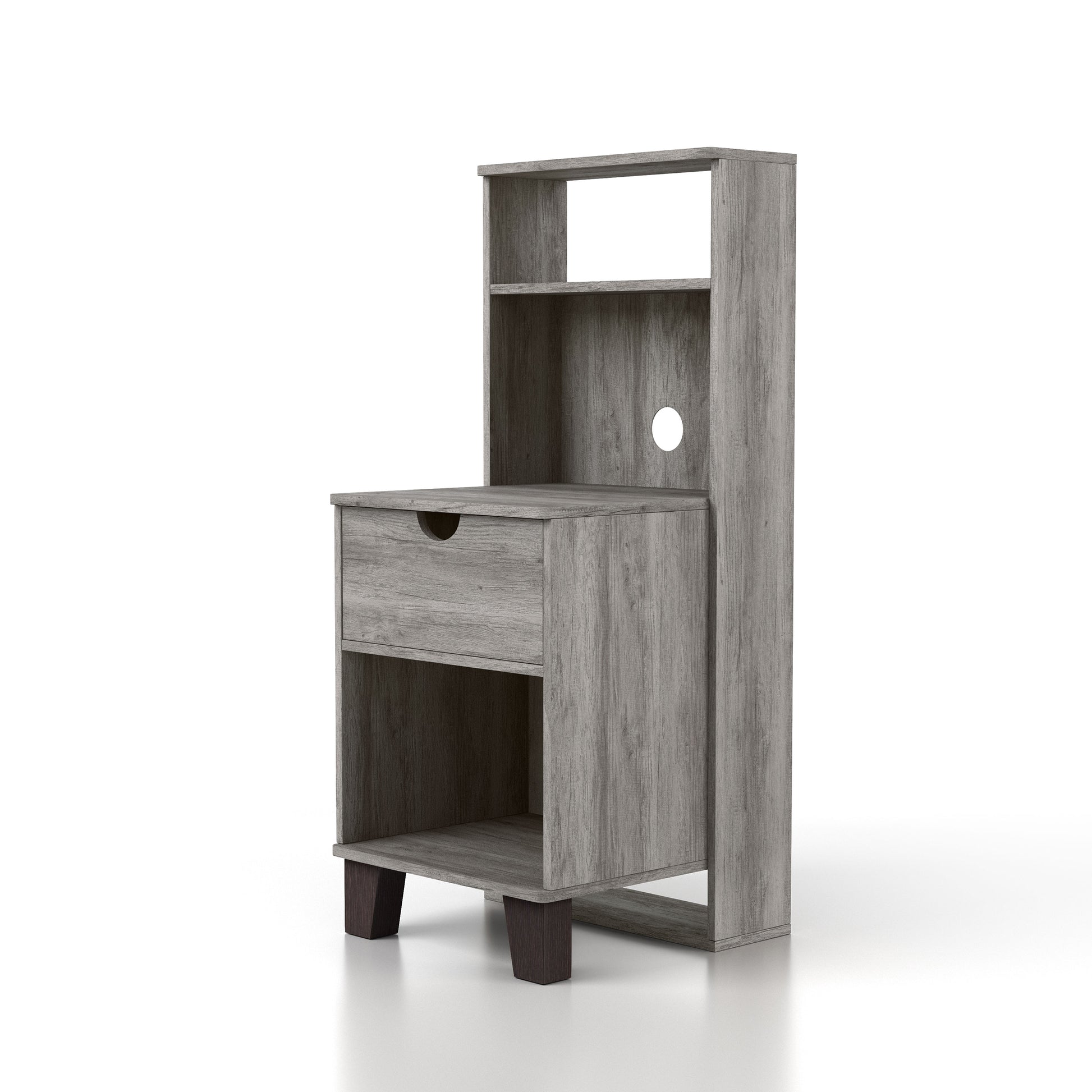 Left angled transitional vintage gray oak three-shelf nightstand with one drawer on a white background