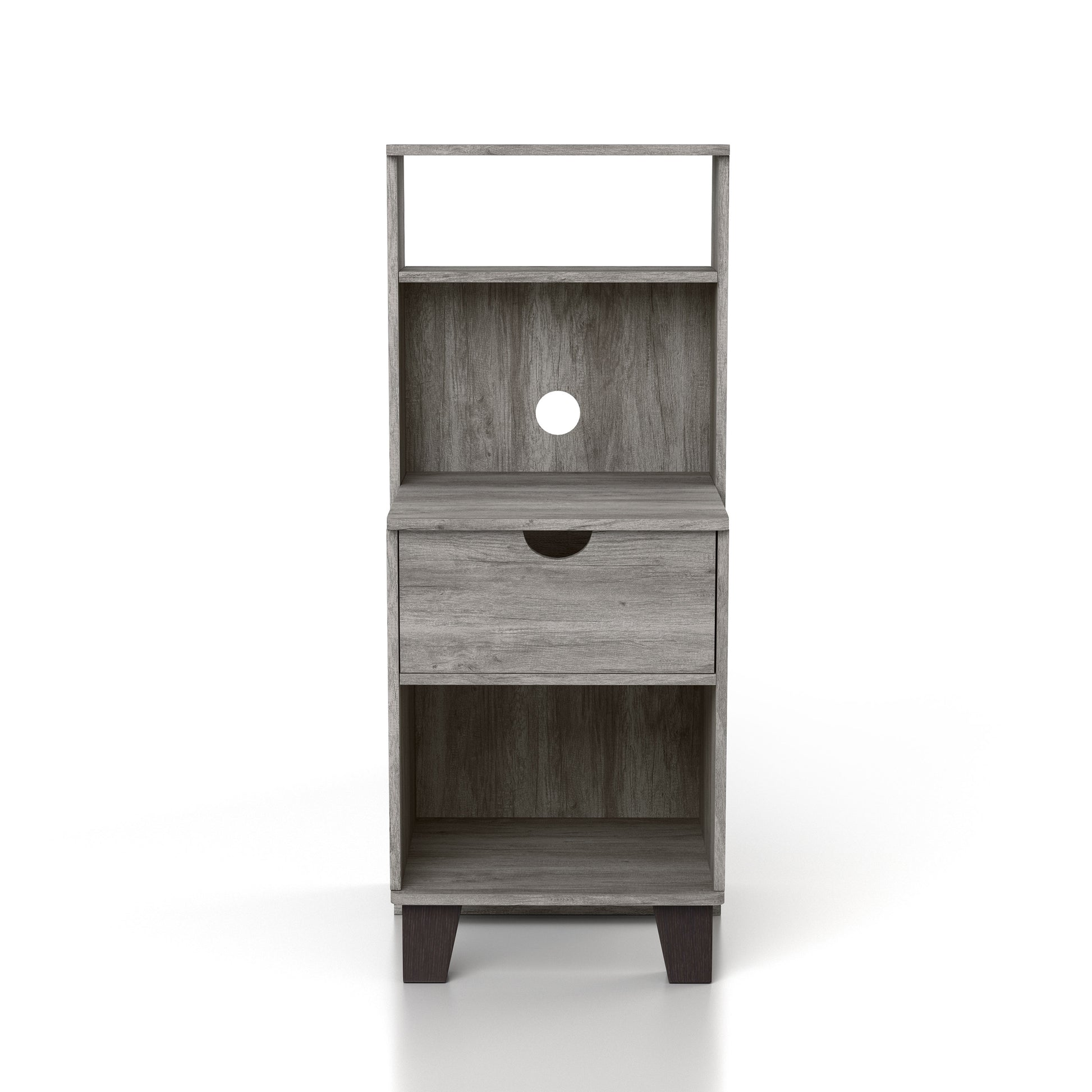 Front-facing transitional vintage gray oak three-shelf nightstand with one drawer on a white background