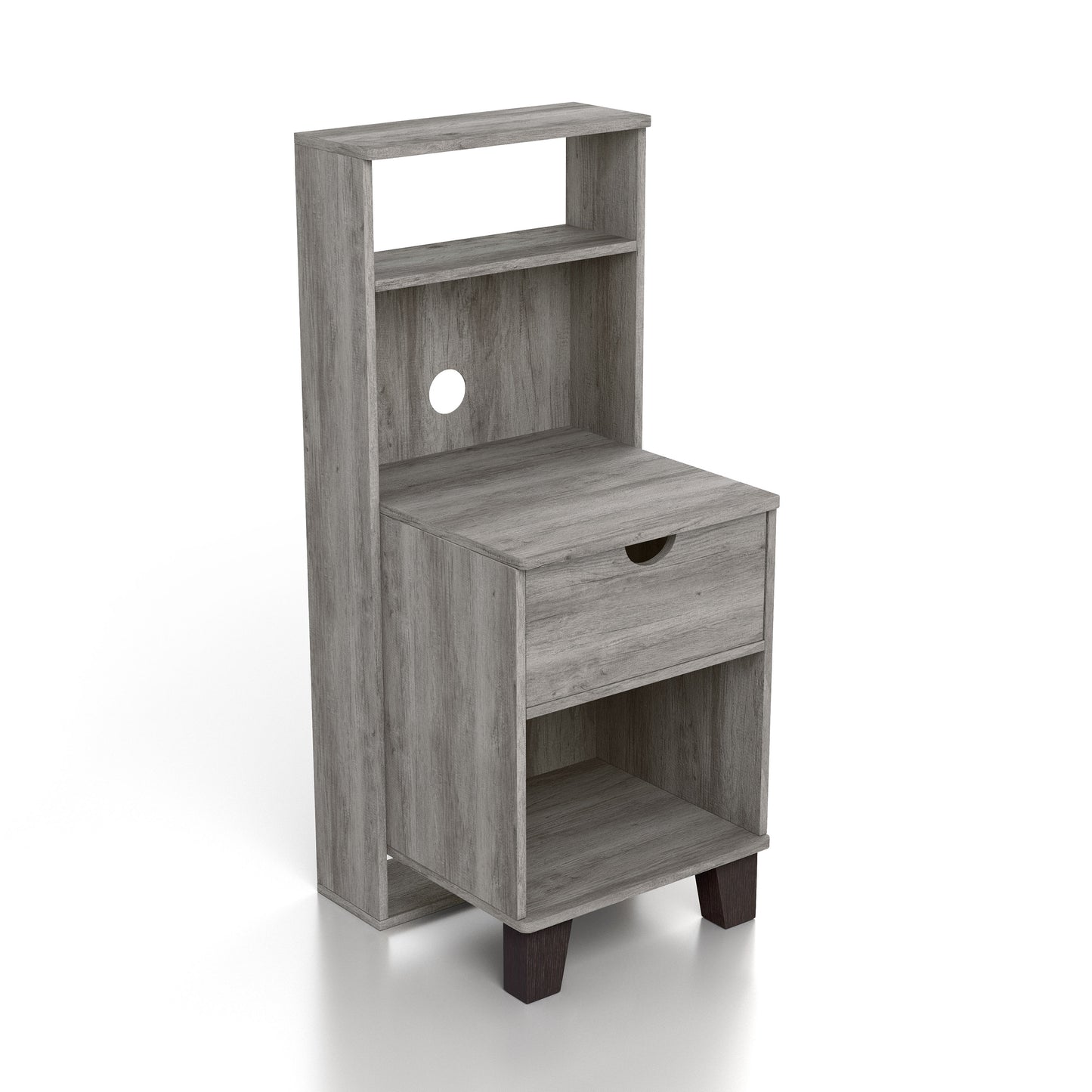 Right angled transitional vintage gray oak three-shelf nightstand with one drawer on a white background