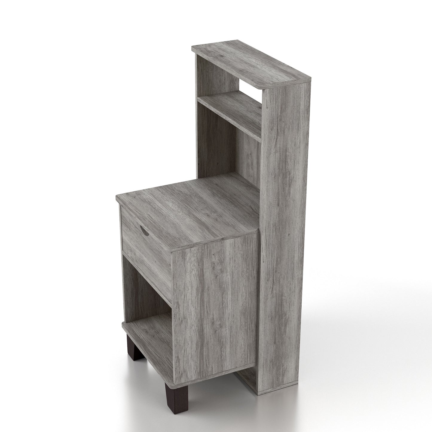 Left angled high view of a transitional vintage gray oak three-shelf nightstand with one drawer on a white background