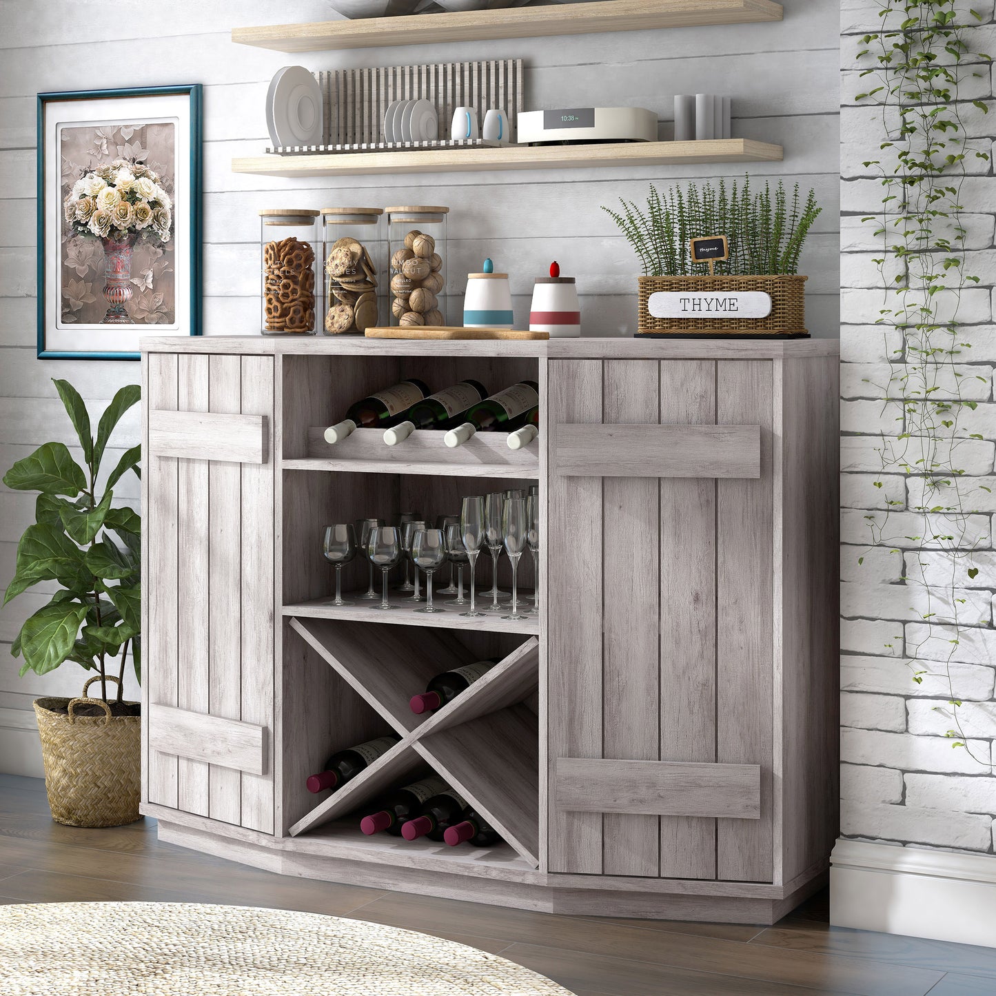 Left angled farmhouse coastal white two-door 28-bottle wine cabinet buffet in a dining room with accessories