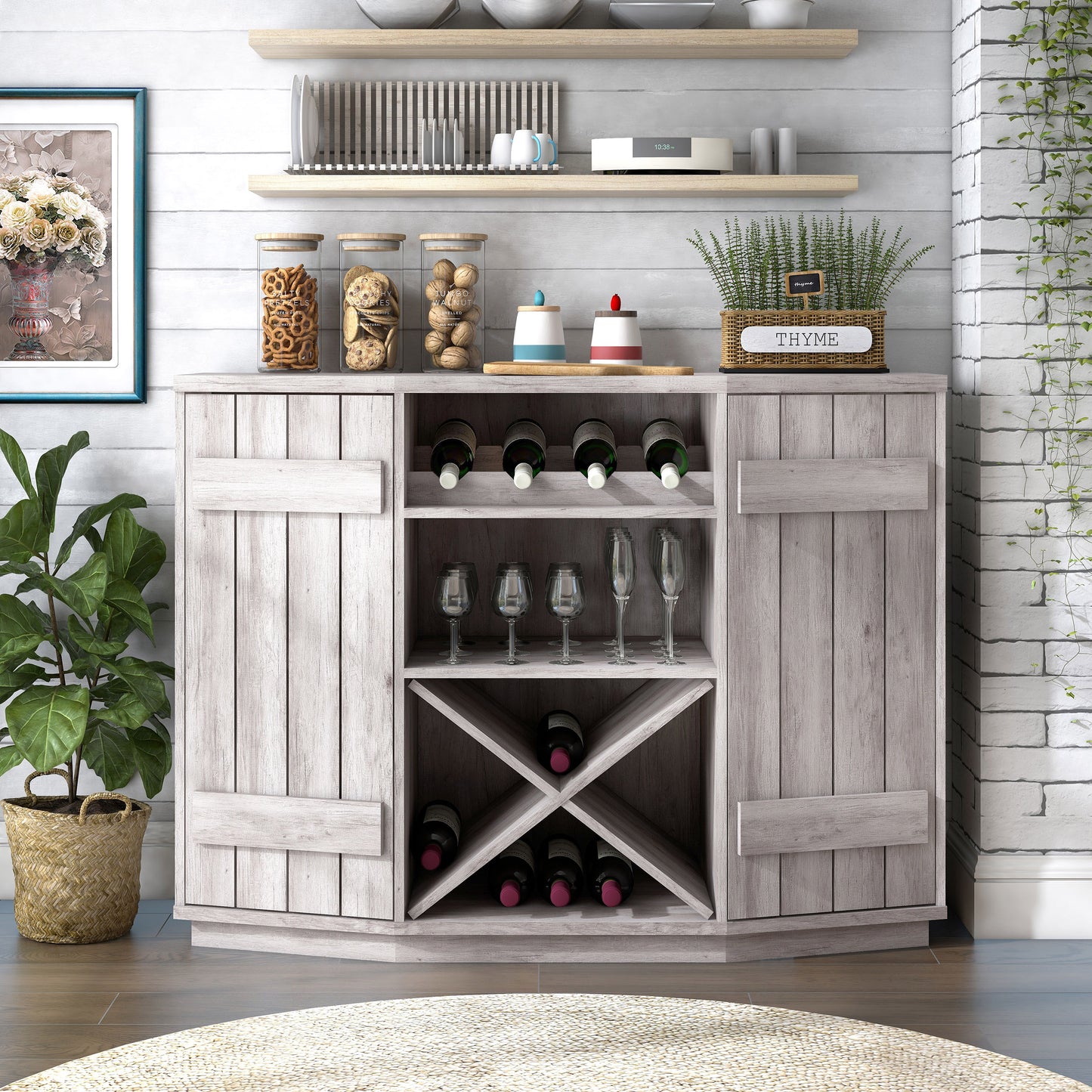 Front-facing farmhouse coastal white two-door 28-bottle wine cabinet buffet in a dining room with accessories