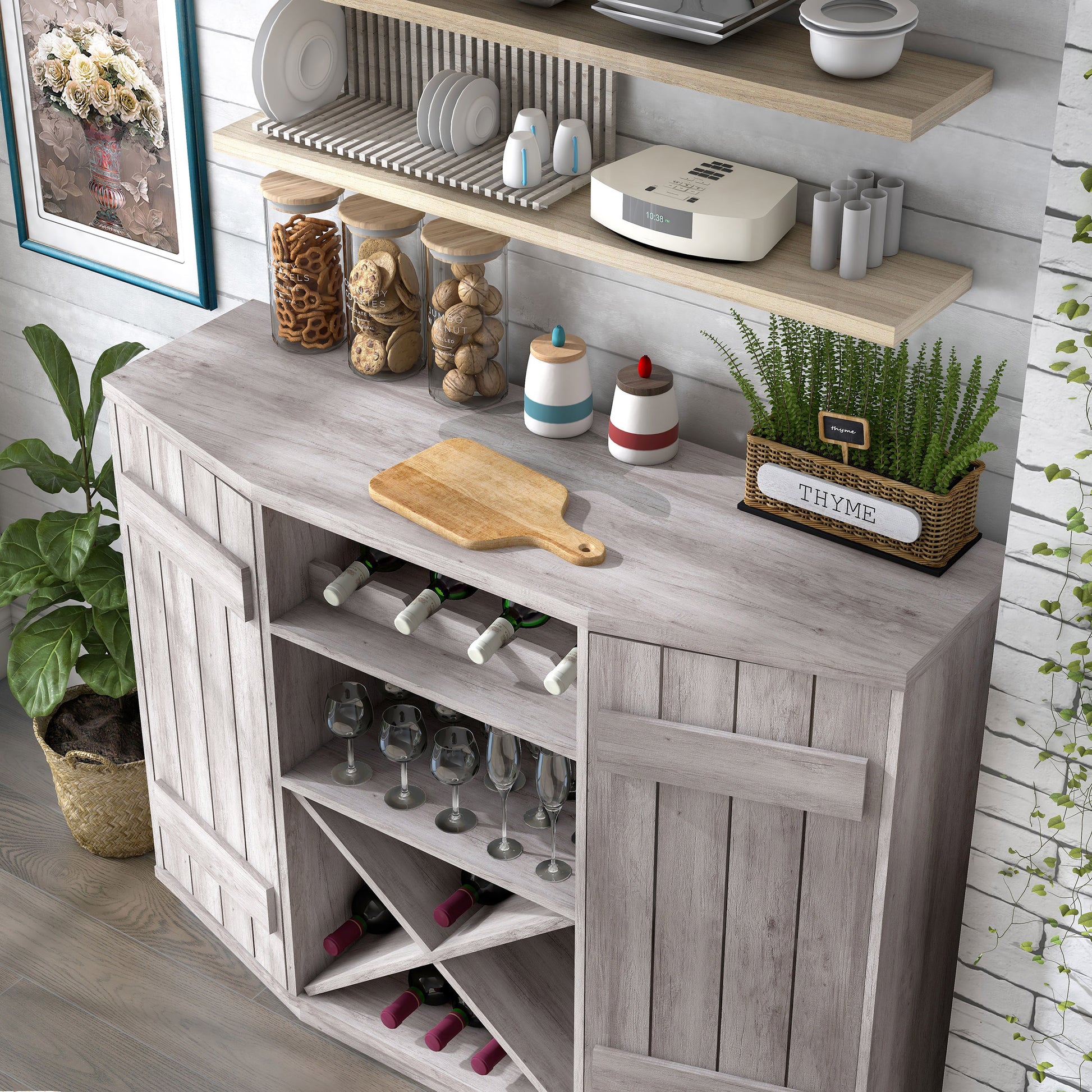 Left angled bird's eye view of a farmhouse coastal white two-door 28-bottle wine cabinet buffet in a dining room with accessories