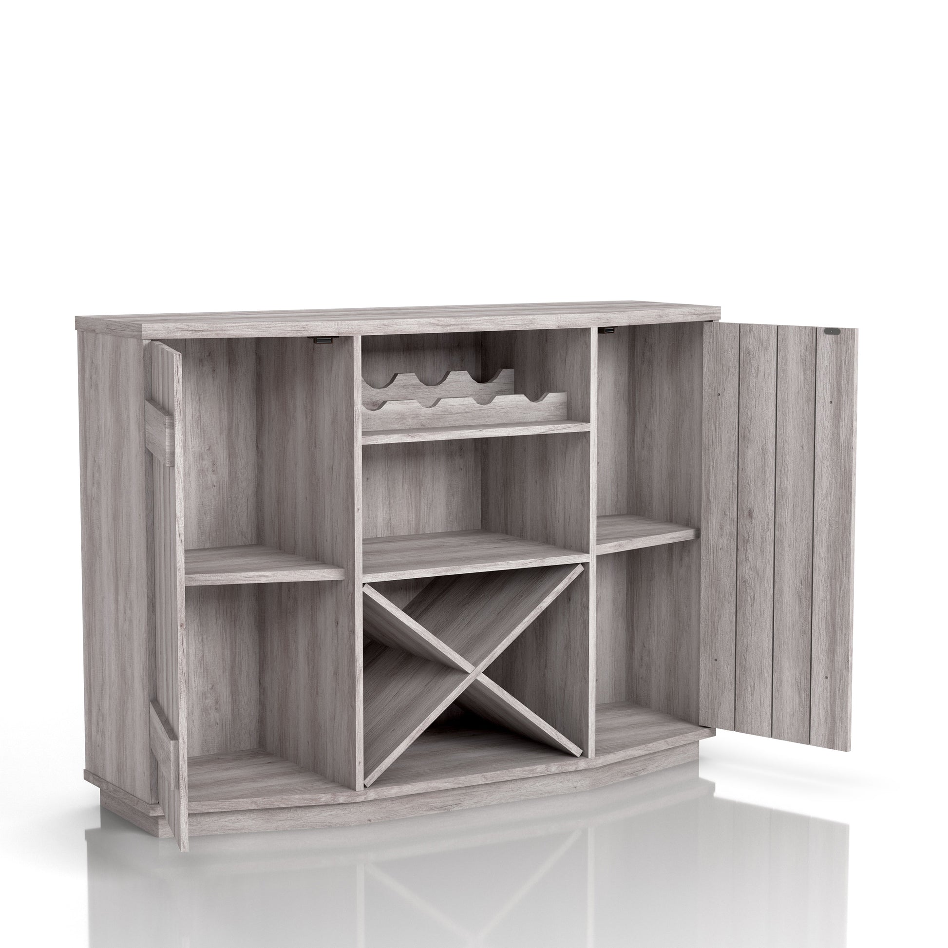 Right angled farmhouse coastal white two-door 28-bottle wine cabinet buffet with doors open on a white background