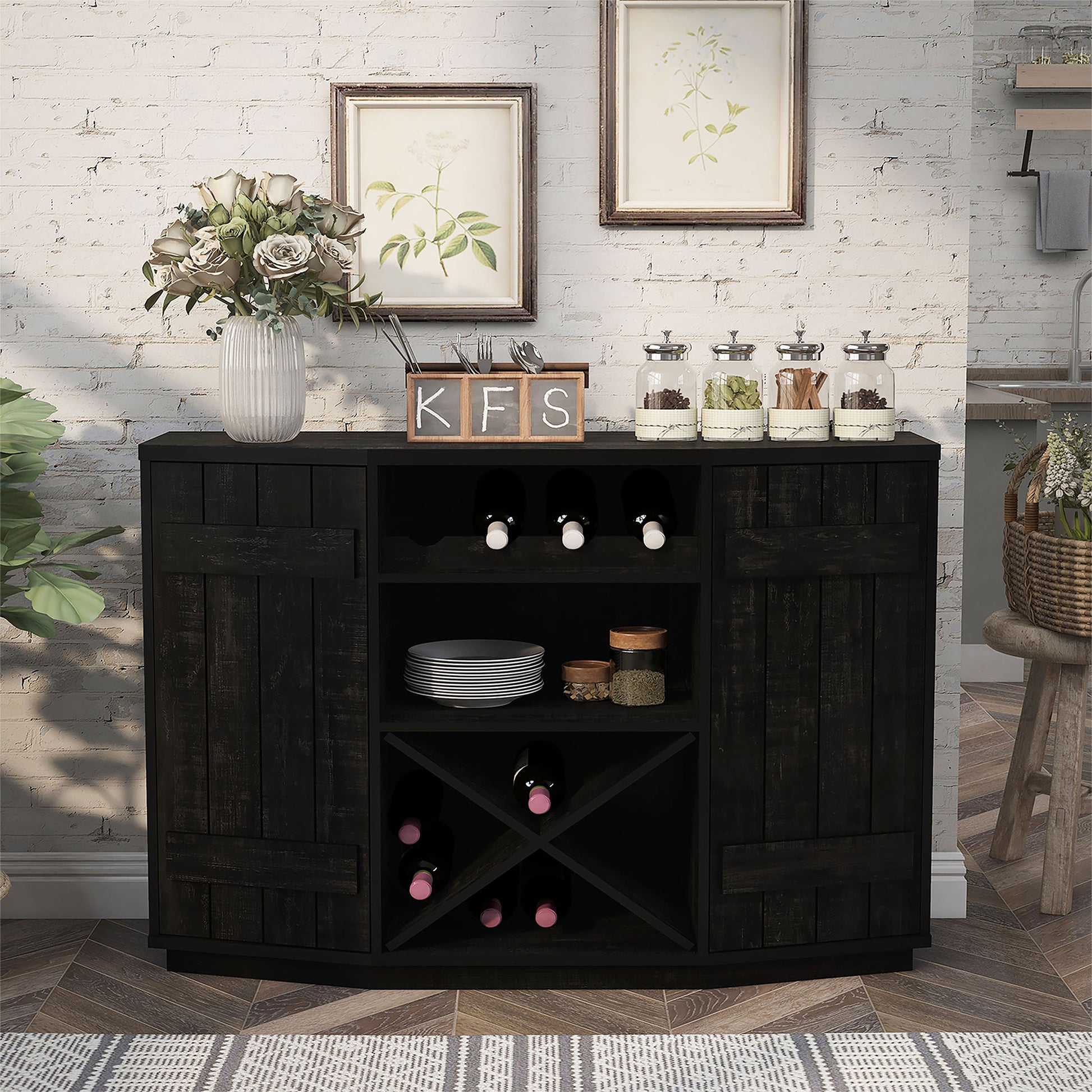 Front-facing farmhouse reclaimed black two-door 28-bottle wine cabinet buffet in a dining room with accessories