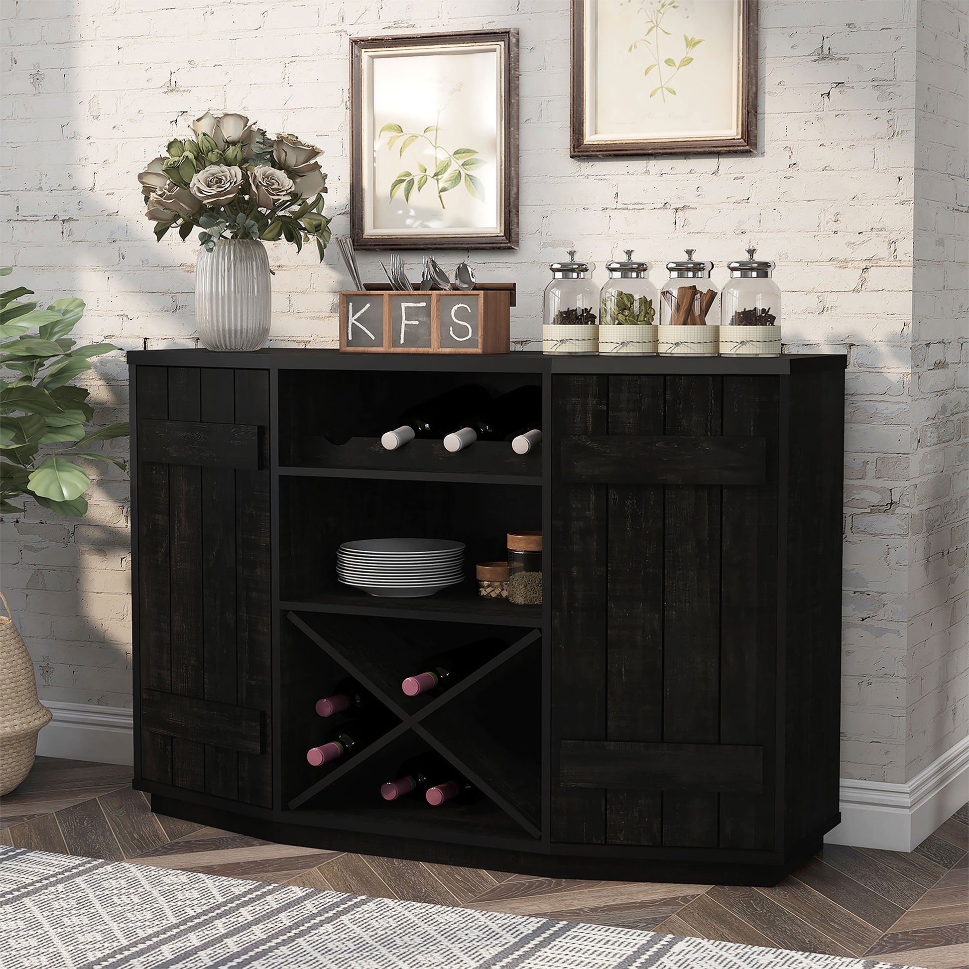 Left angled farmhouse reclaimed black two-door 28-bottle wine cabinet buffet in a dining room with accessories