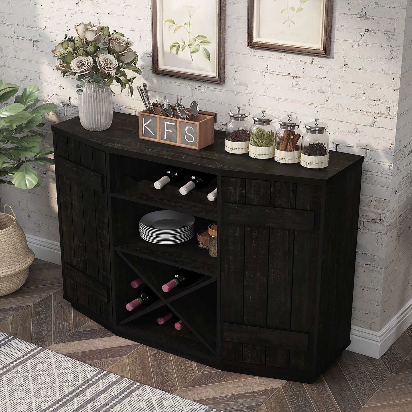 Left angled upper view of a farmhouse reclaimed black two-door 28-bottle wine cabinet buffet in a dining room with accessories