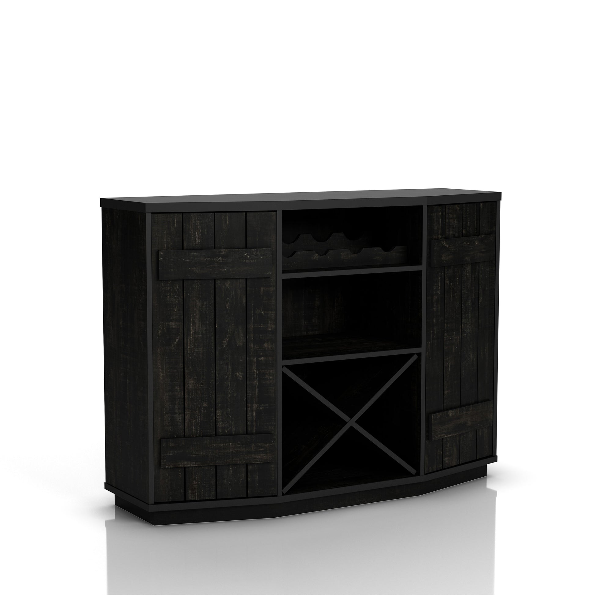 Right angled farmhouse reclaimed black two-door 28-bottle wine cabinet buffet on a white background