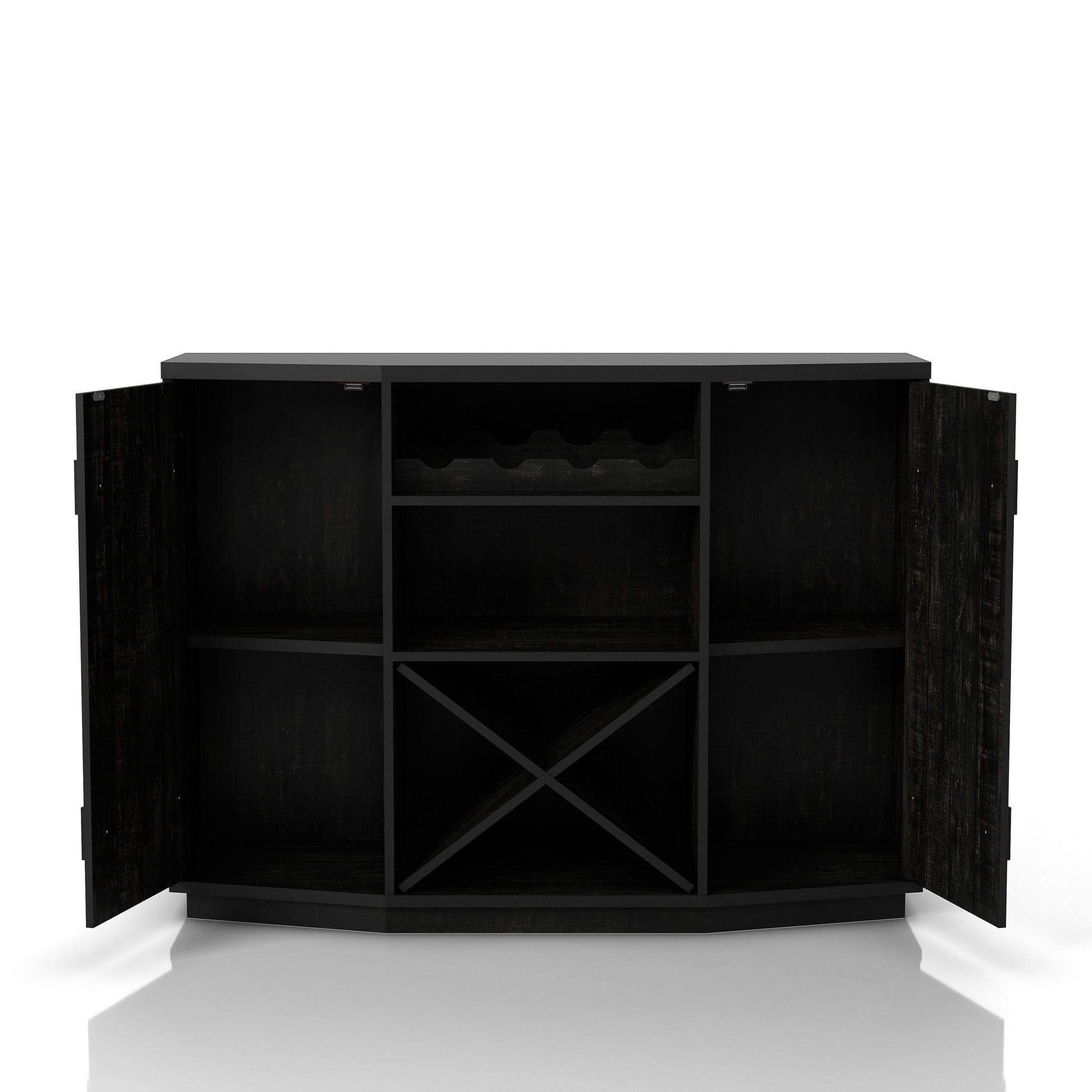 Front-facing farmhouse reclaimed black two-door 28-bottle wine cabinet buffet with doors open on a white background