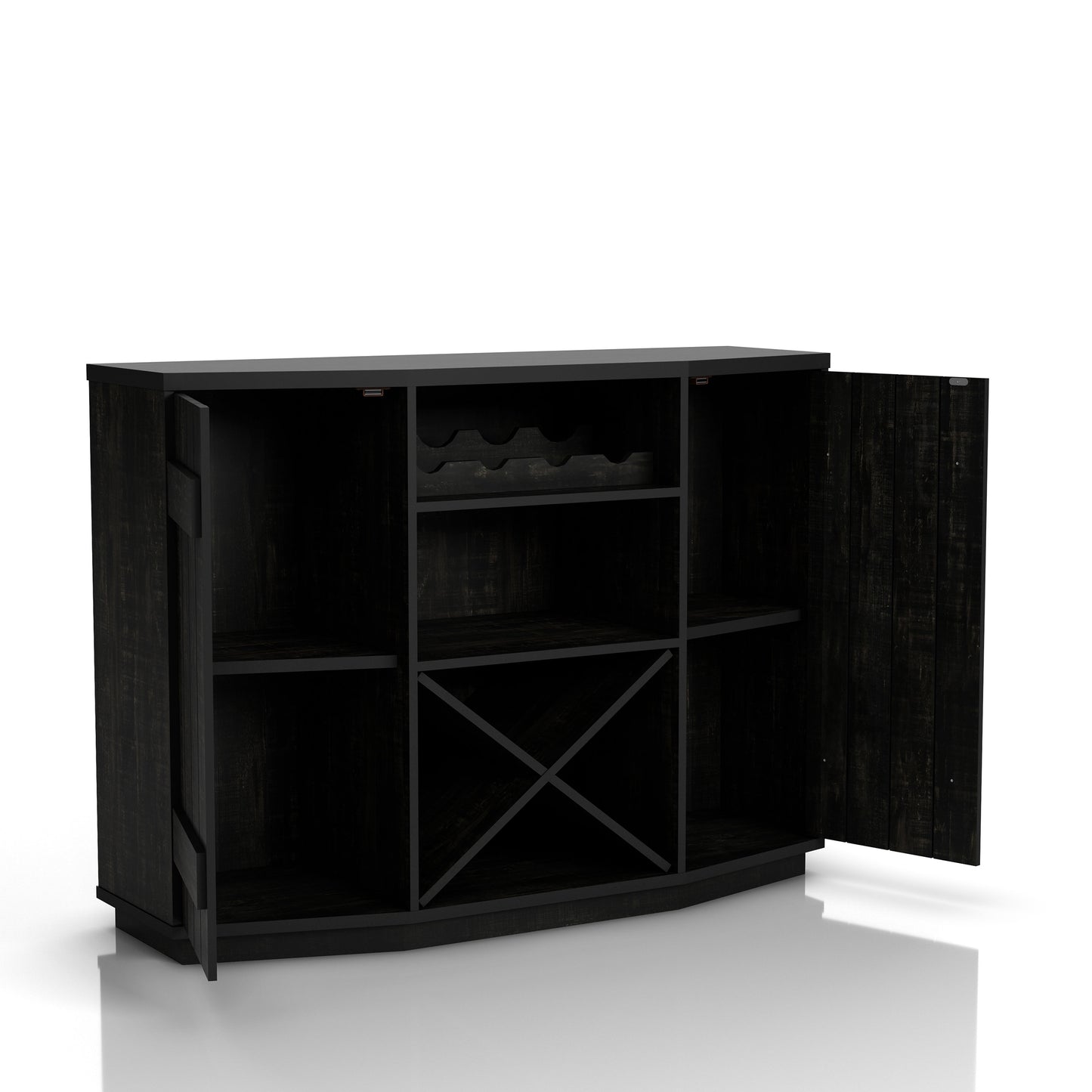 Right angled farmhouse reclaimed black two-door 28-bottle wine cabinet buffet with doors open on a white background
