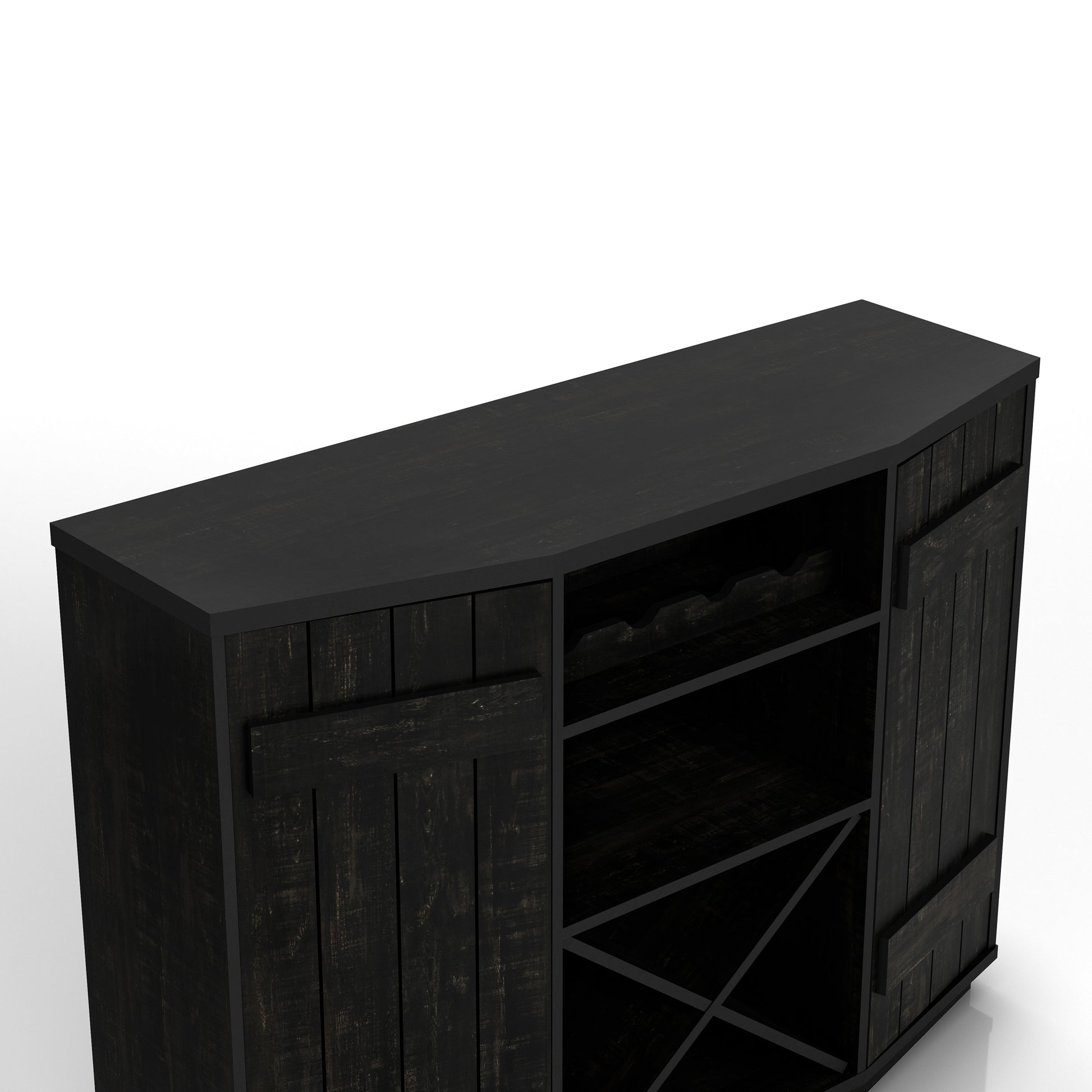 Right angled upper view of a farmhouse reclaimed black two-door 28-bottle wine cabinet buffet on a white background