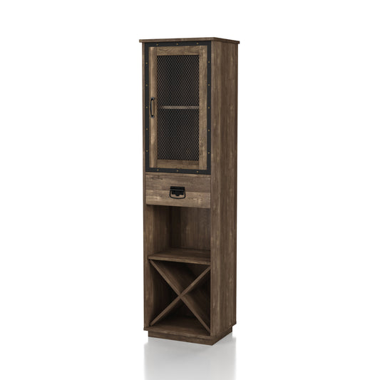 Left angled industrial reclaimed oak three-shelf tower cabinet with wine storage on a white background