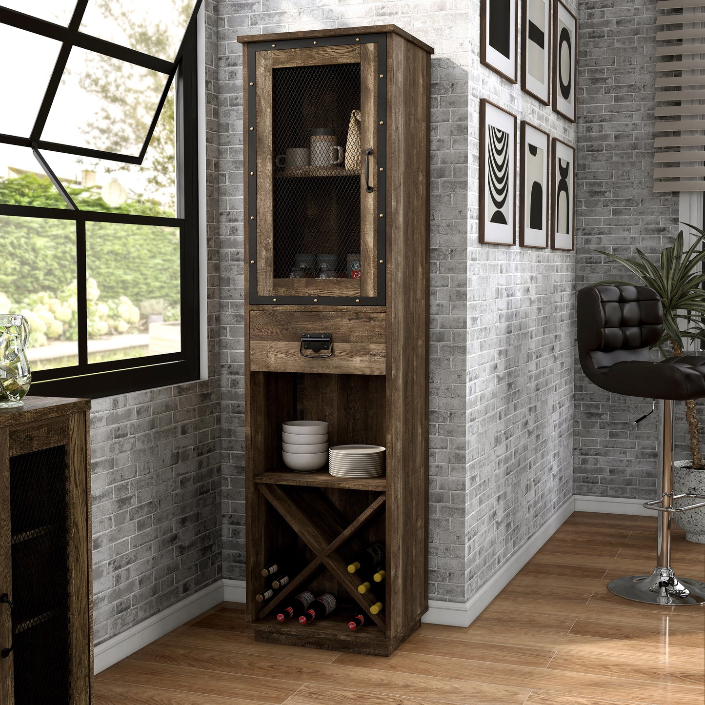 Left angled industrial reclaimed oak three-shelf tower cabinet with wine storage in a dining room with accessories