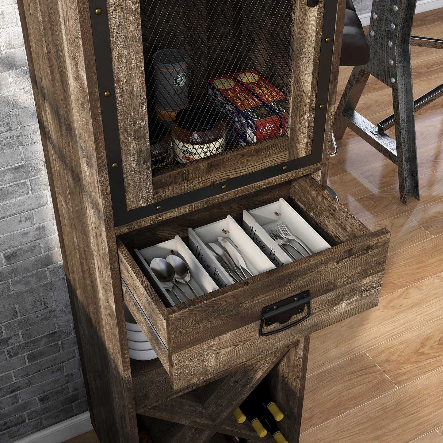 Right angled close-up of an industrial reclaimed oak three-shelf tower cabinet with wine storage and drawer open in a dining room with accessories