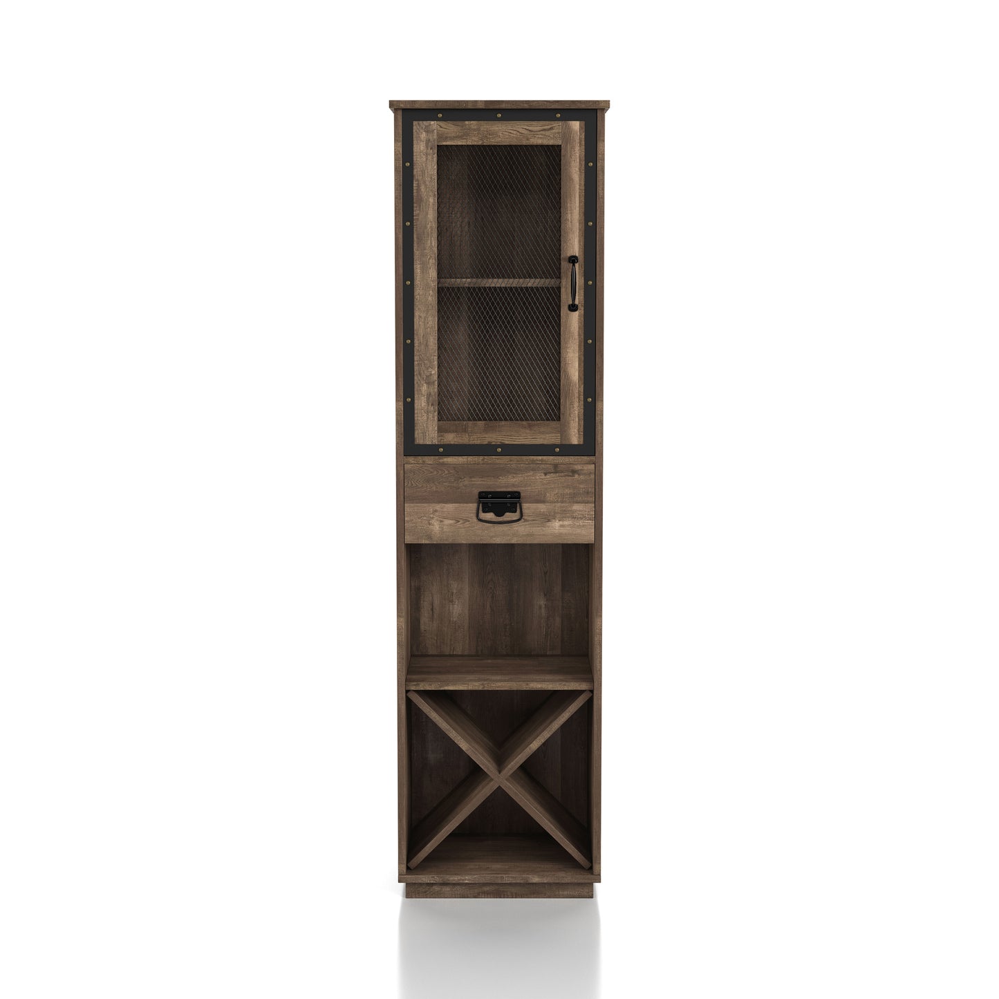 Front-facing industrial reclaimed oak three-shelf tower cabinet with wine storage on a white background