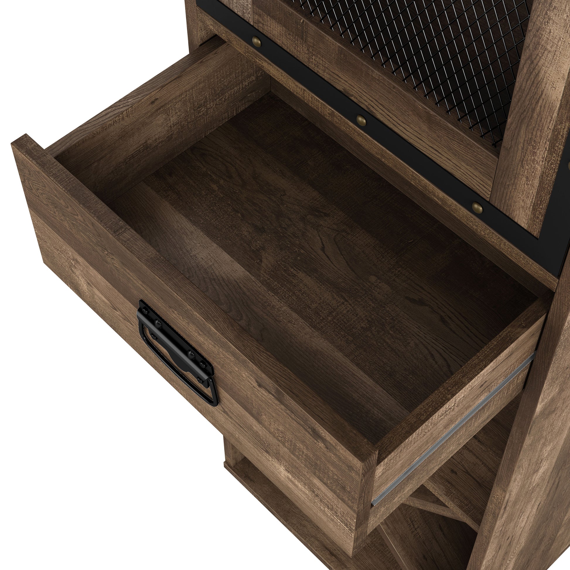 Left angled close-up open drawer view of an industrial reclaimed oak three-shelf tower cabinet with wine storage on a white background