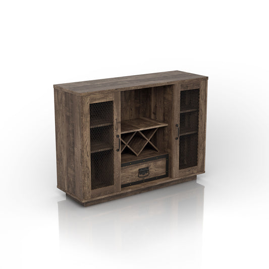 Right angled farmhouse reclaimed oak seven-shelf wine cabinet buffet with black mesh doors on a white background