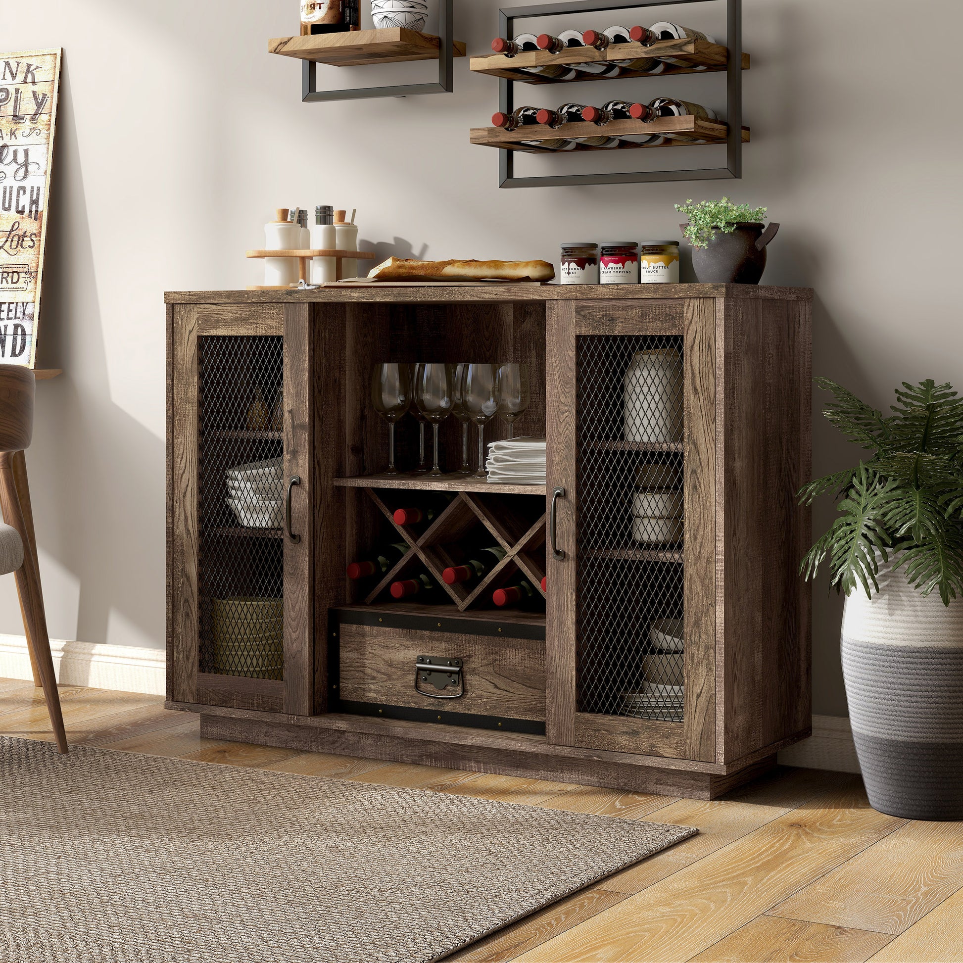 Left angled farmhouse reclaimed oak seven-shelf wine cabinet buffet with black mesh doors in a dining room with accessories