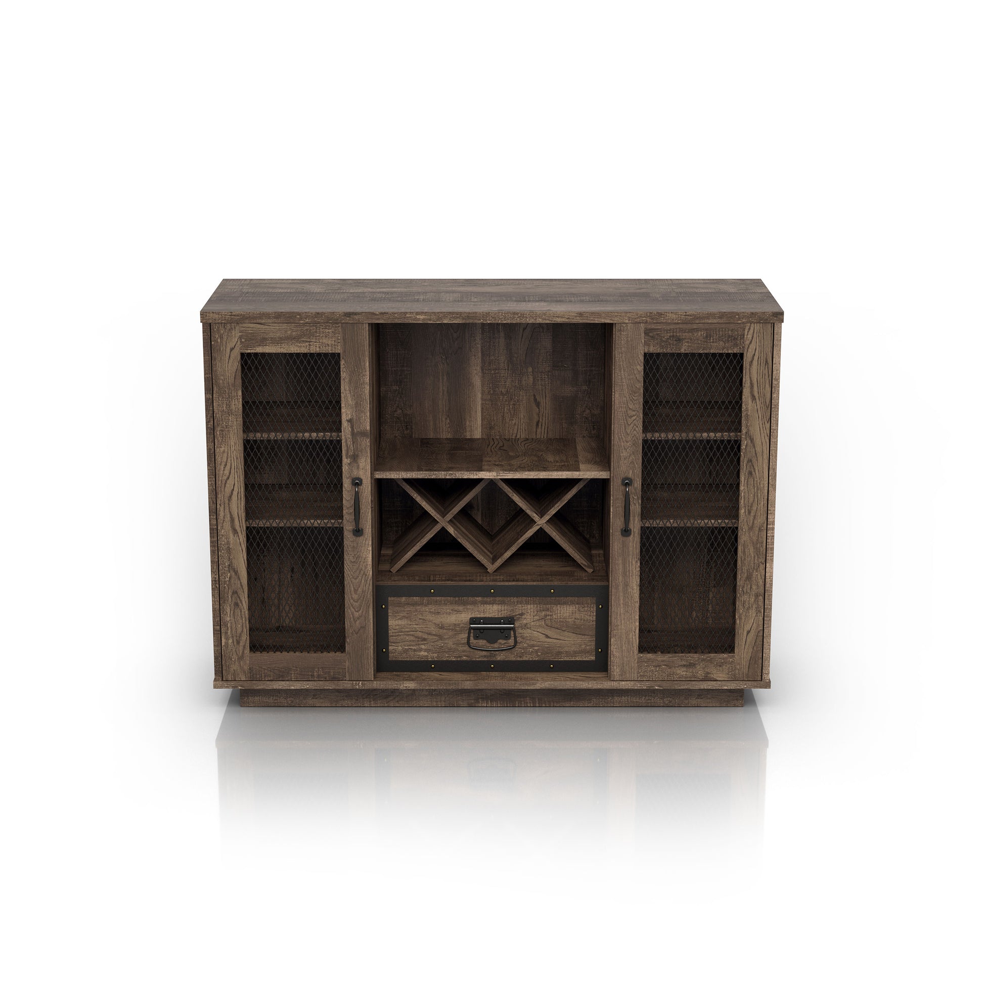Front-facing farmhouse reclaimed oak seven-shelf wine cabinet buffet with black mesh doors on a white background