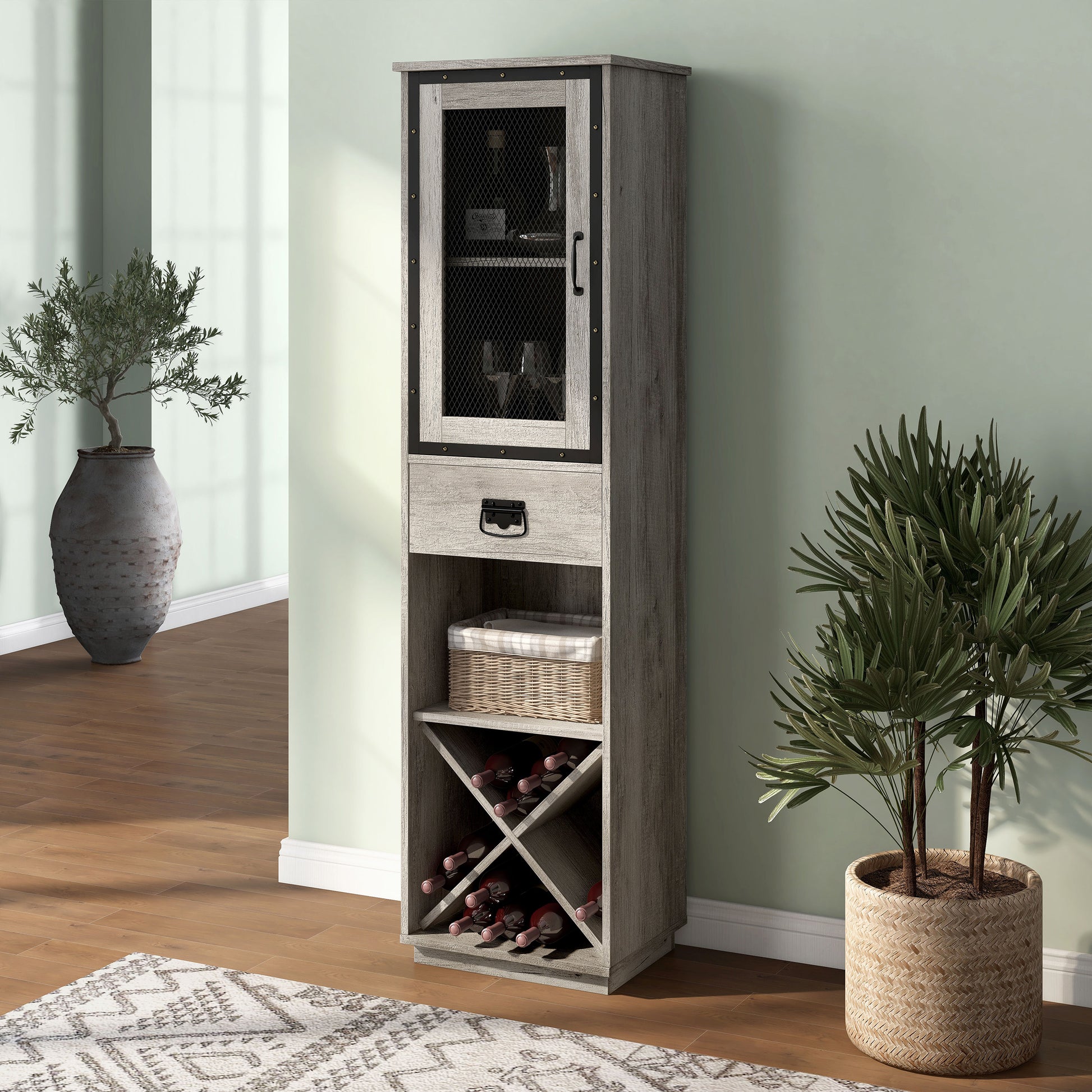 Left angled industrial vintage gray oak three-shelf tower cabinet with wine storage in a living area with accessories