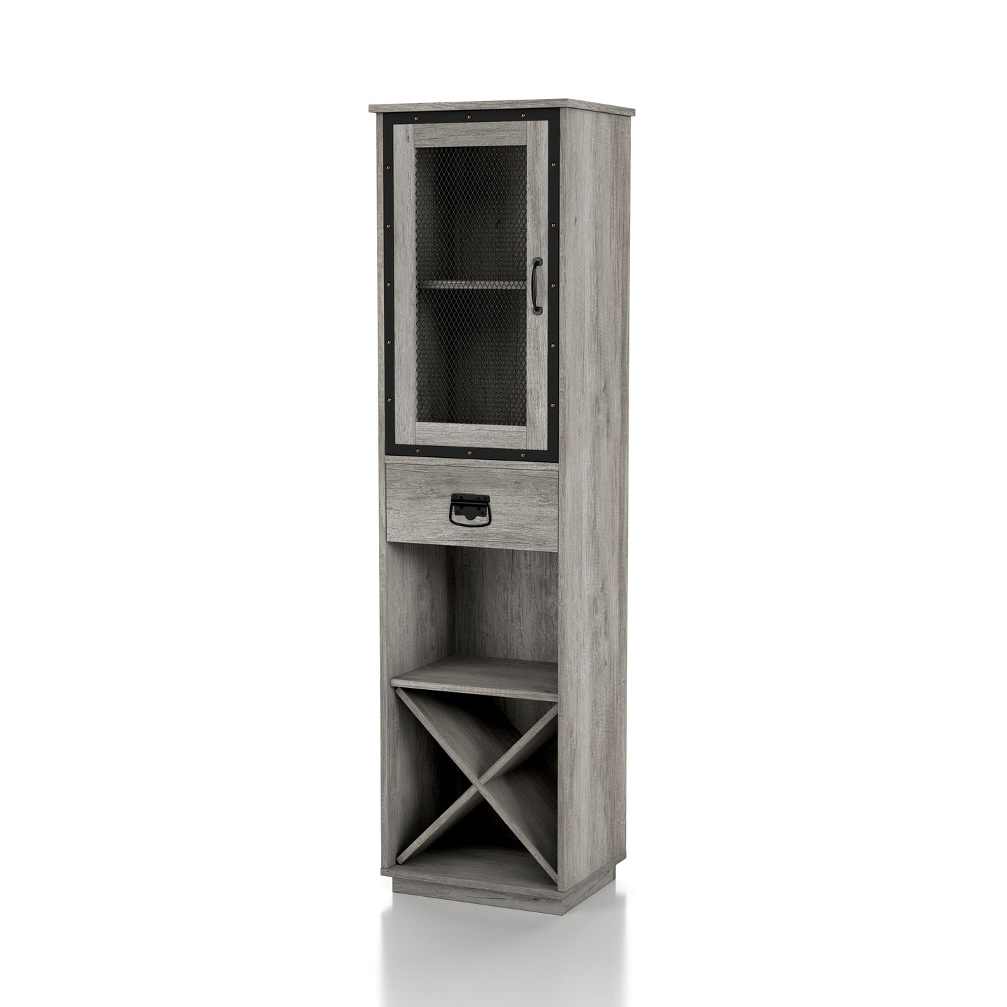 Left angled industrial vintage gray oak three-shelf tower cabinet with wine storage on a white background