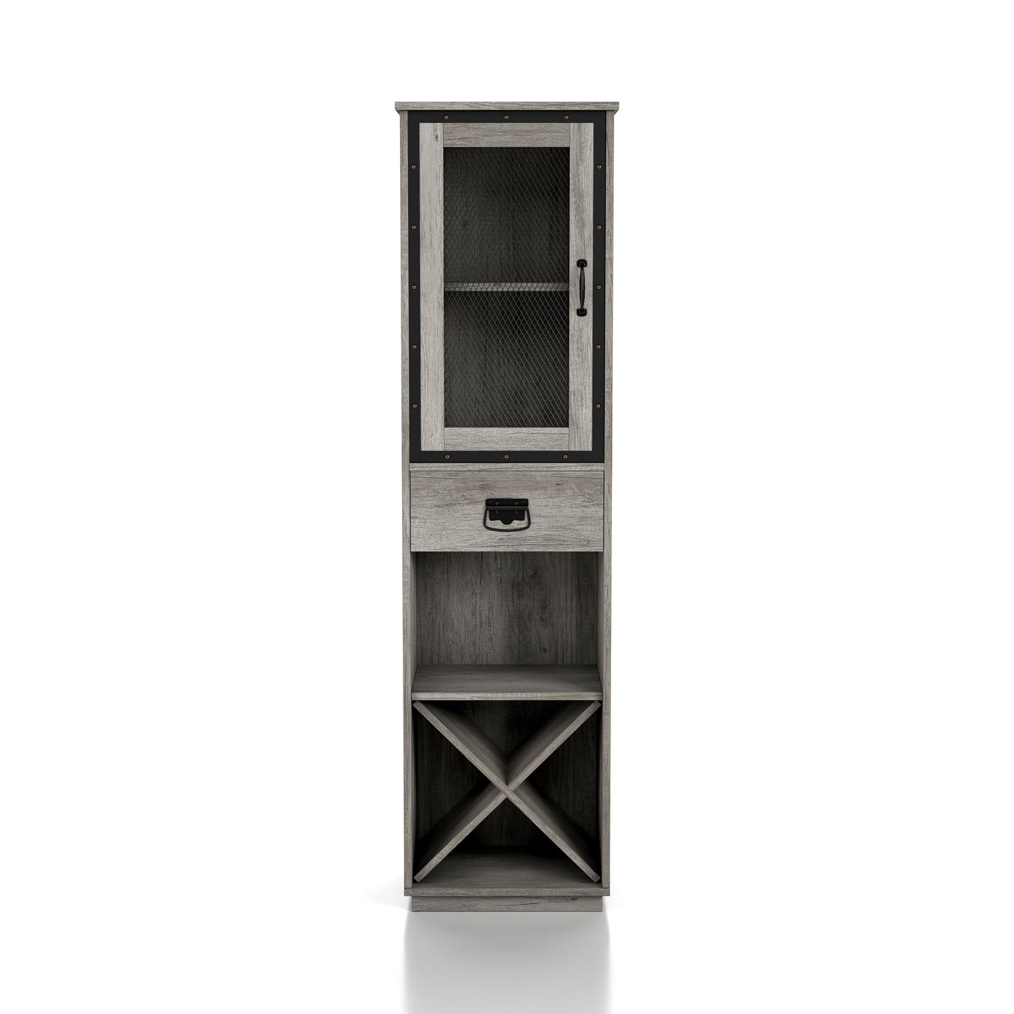 Front-facing industrial vintage gray oak three-shelf tower cabinet with wine storage on a white background