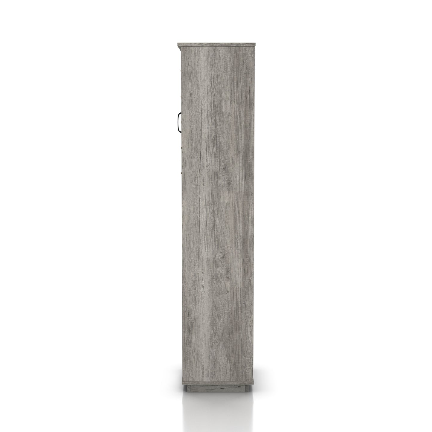 Front-facing side view of an industrial vintage gray oak three-shelf tower cabinet with wine storage on a white background