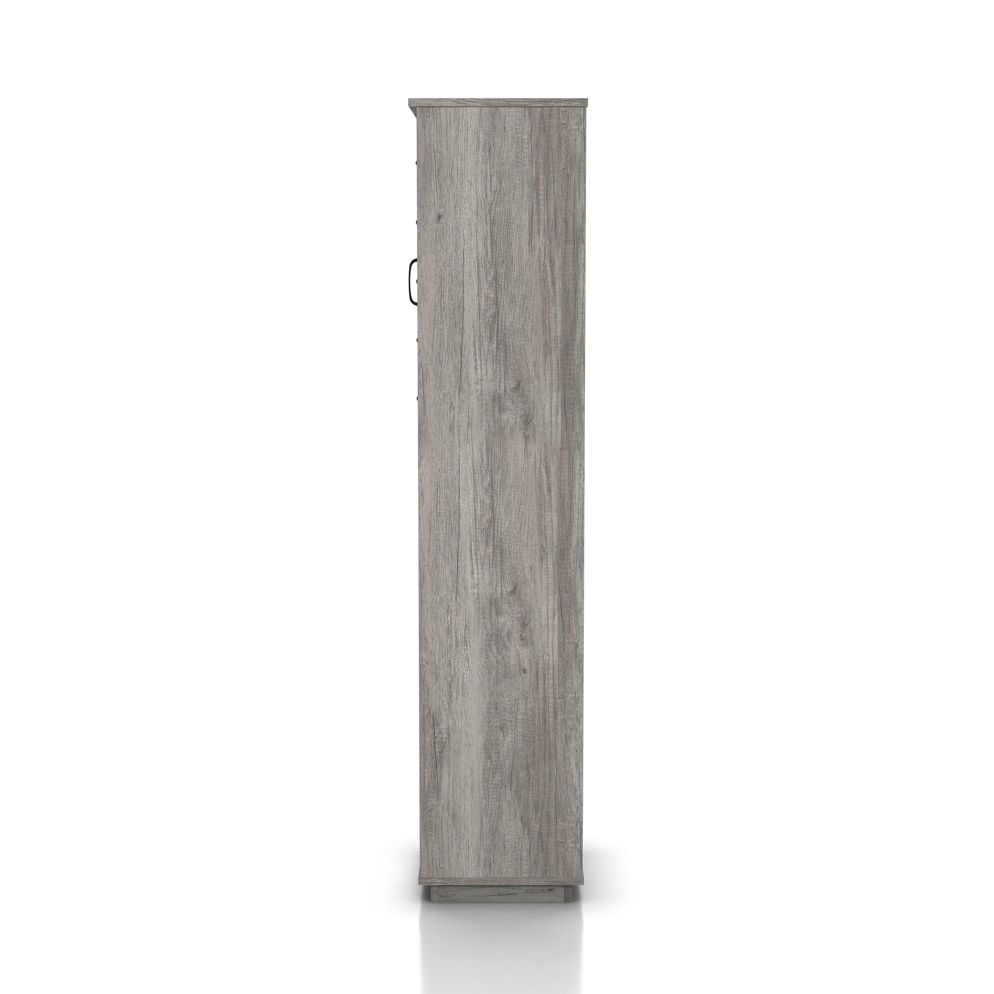 Front-facing side view of an industrial vintage gray oak three-shelf tower cabinet with wine storage on a white background