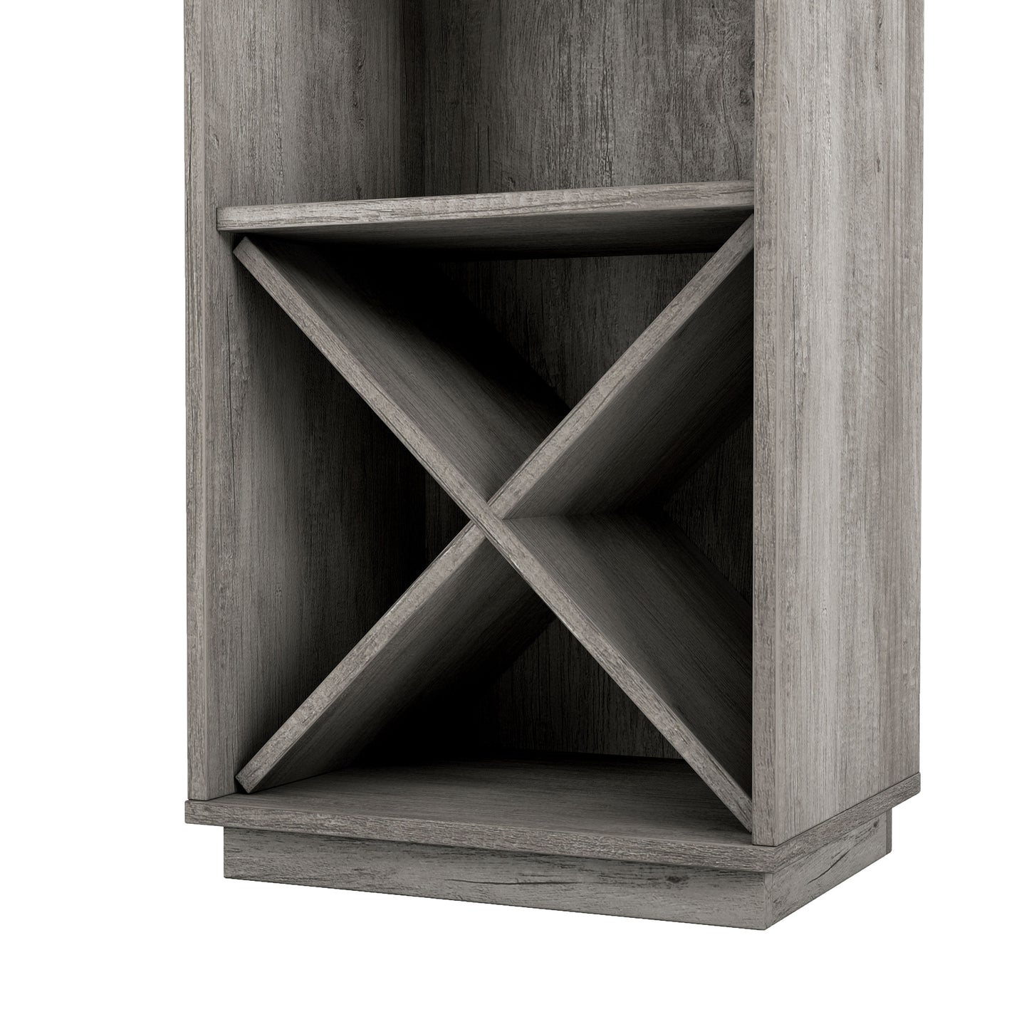 Left angled close-up X-wine rack view of an industrial vintage gray oak three-shelf tower cabinet with wine storage on a white background